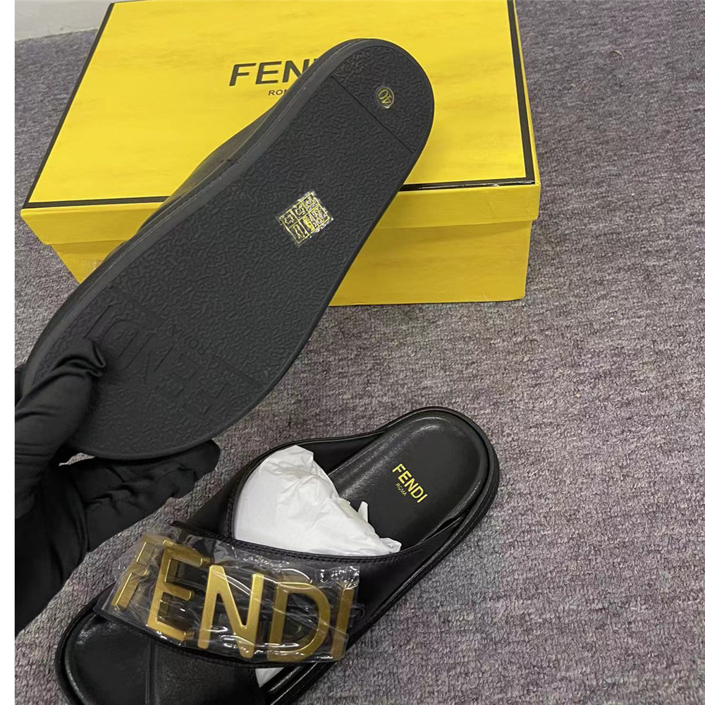 Fendi Graphy Black Leather Slides - DesignerGu