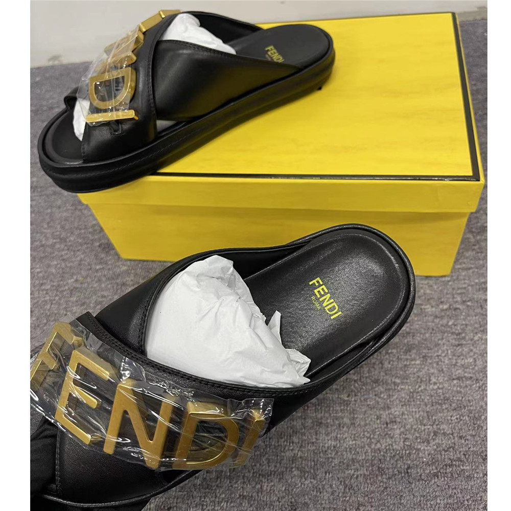 Fendi Graphy Black Leather Slides - DesignerGu