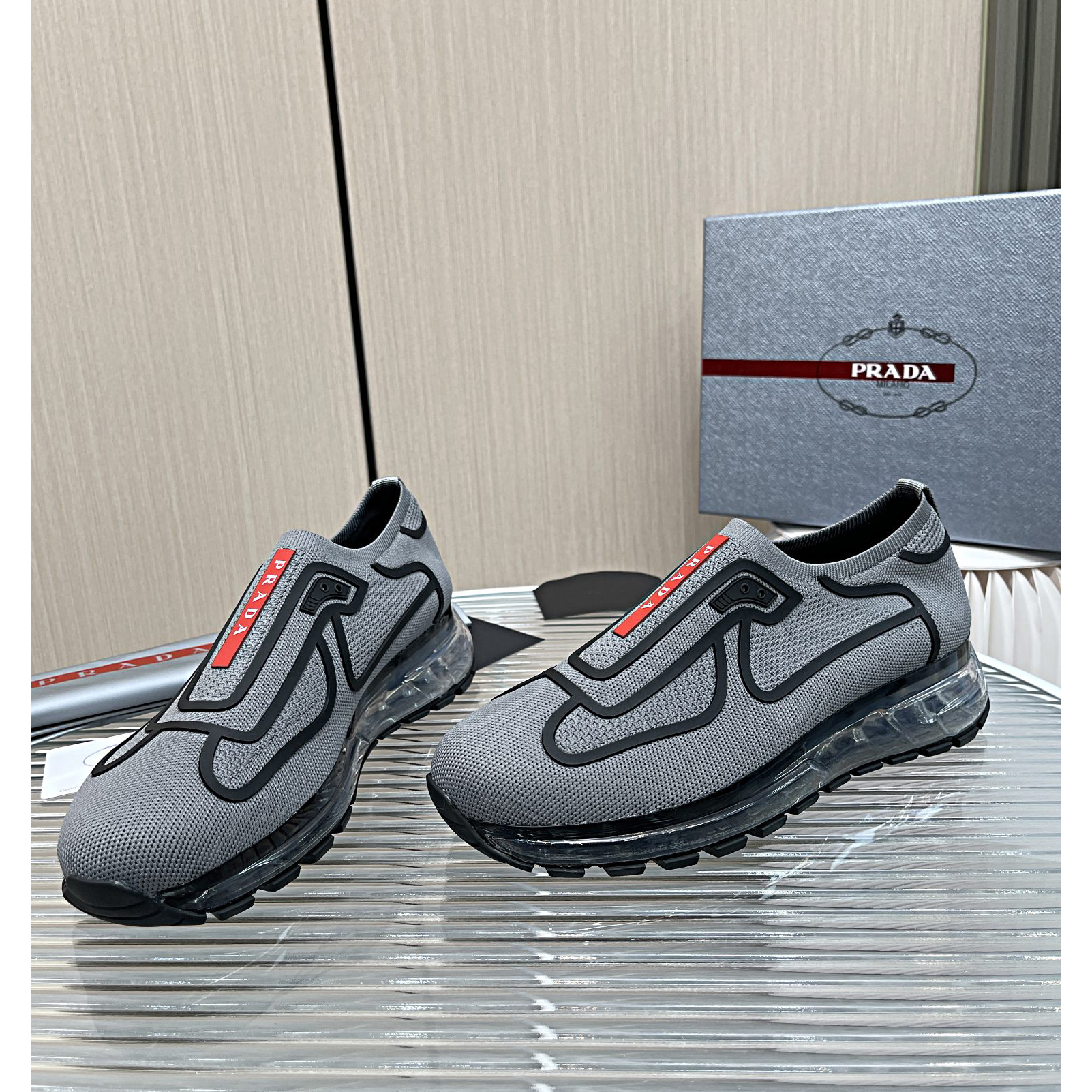 Prada Logo Sneakers In Grey - DesignerGu