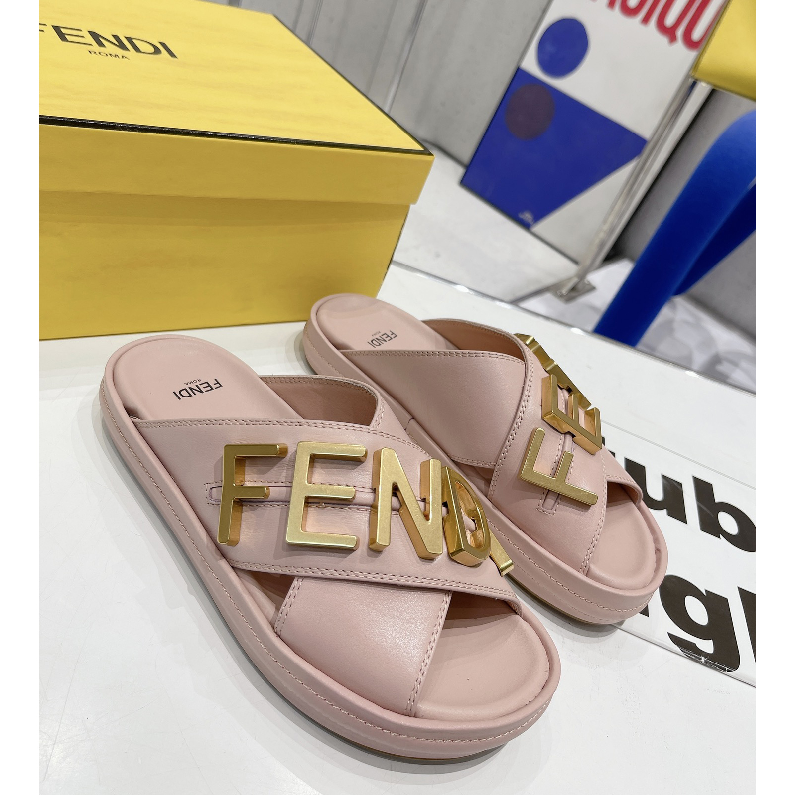 Fendi Graphy Pink Leather Slides - DesignerGu
