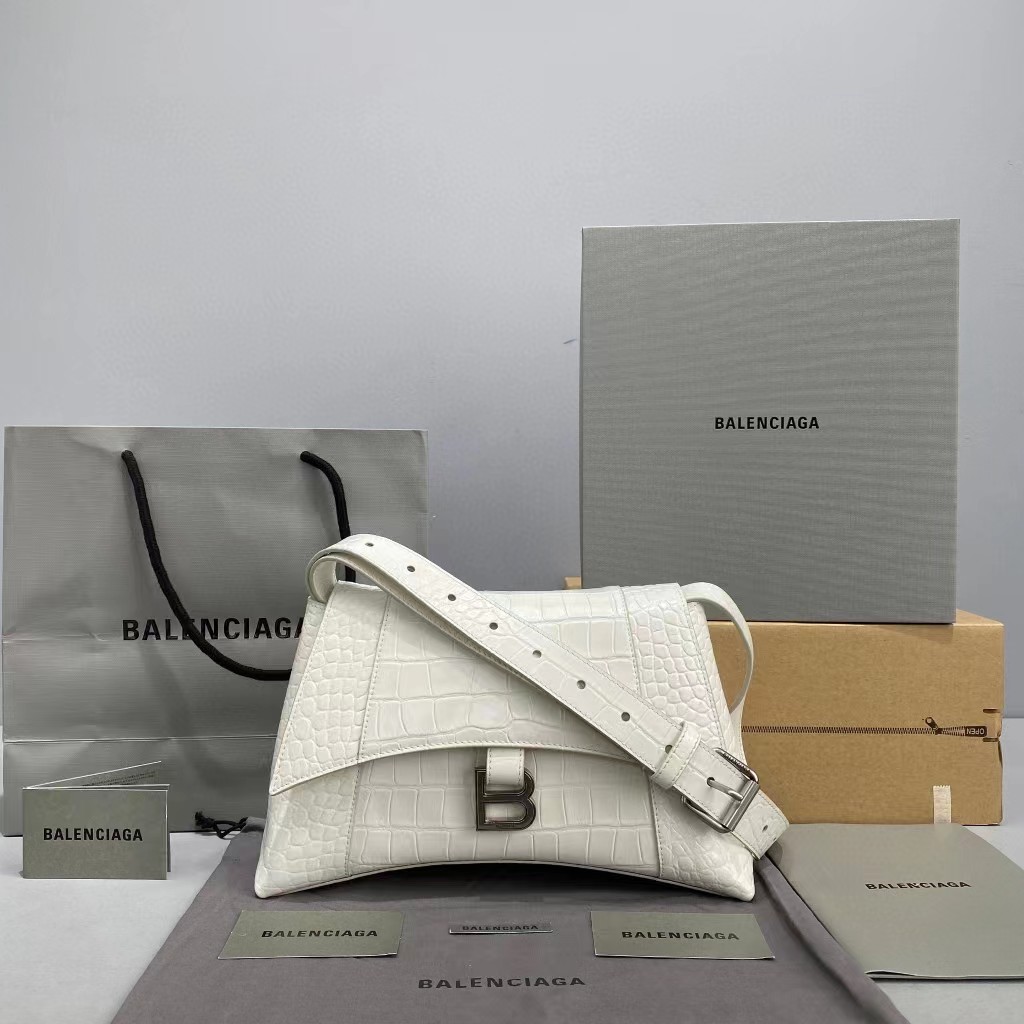 Balenciaga Women's Downtown Small Shoulder Bag Crocodile Embossed In White（29-18-10CM） - DesignerGu