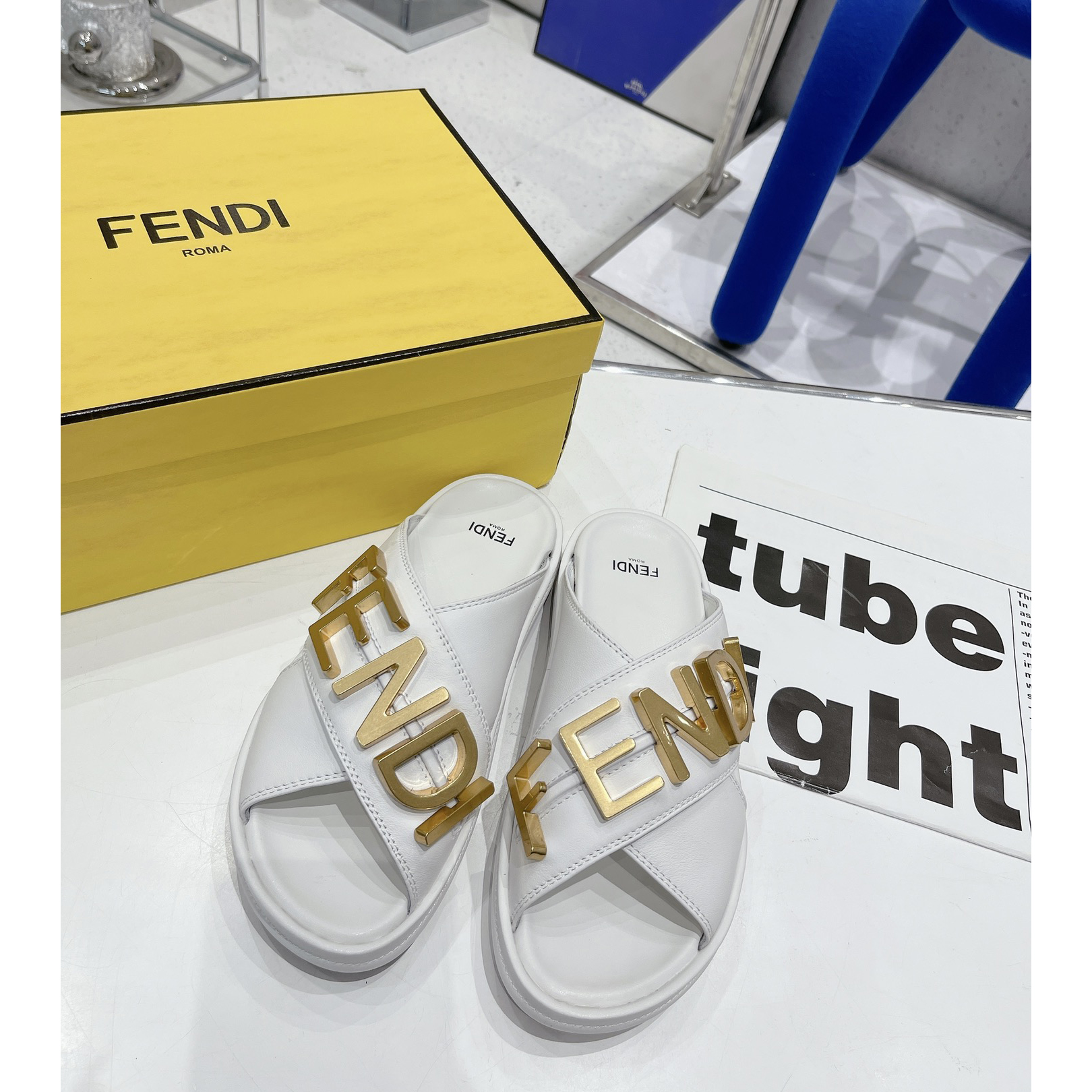 Fendi Graphy White Leather Slides - DesignerGu