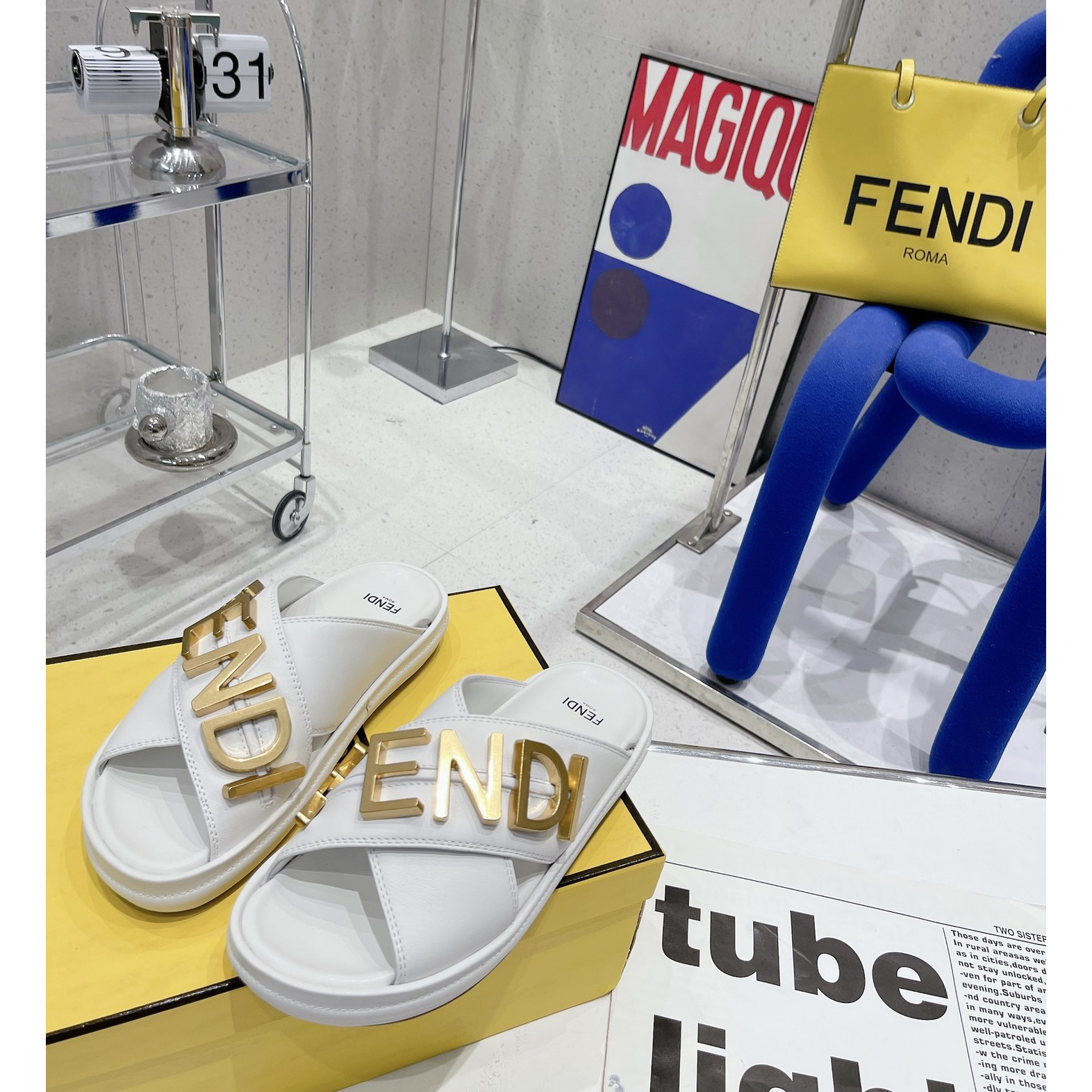 Fendi Graphy White Leather Slides - DesignerGu