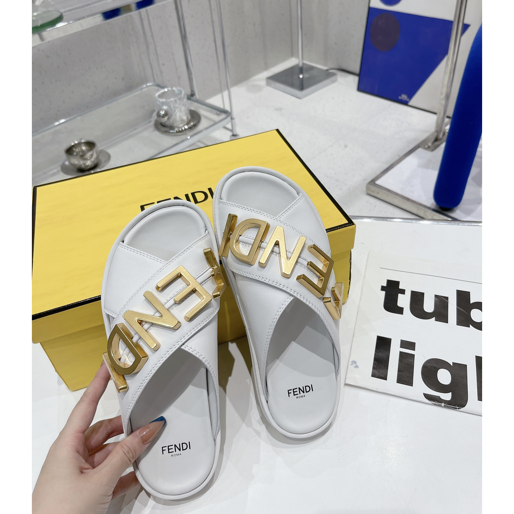 Fendi Graphy White Leather Slides - DesignerGu