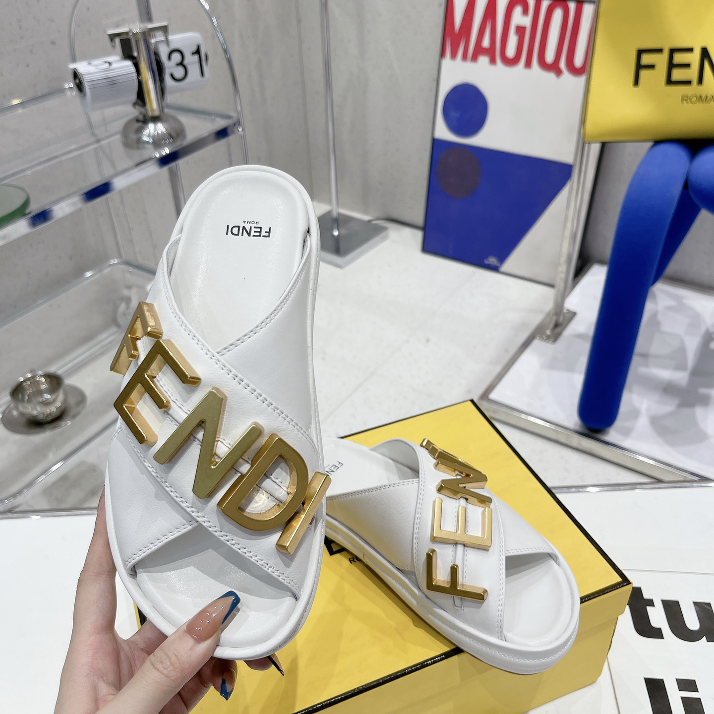 Fendi Graphy White Leather Slides - DesignerGu