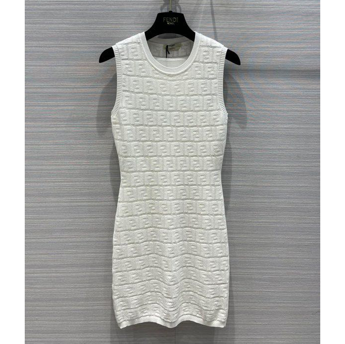 Fendi FF Logo Print Fitted Dress In White - DesignerGu