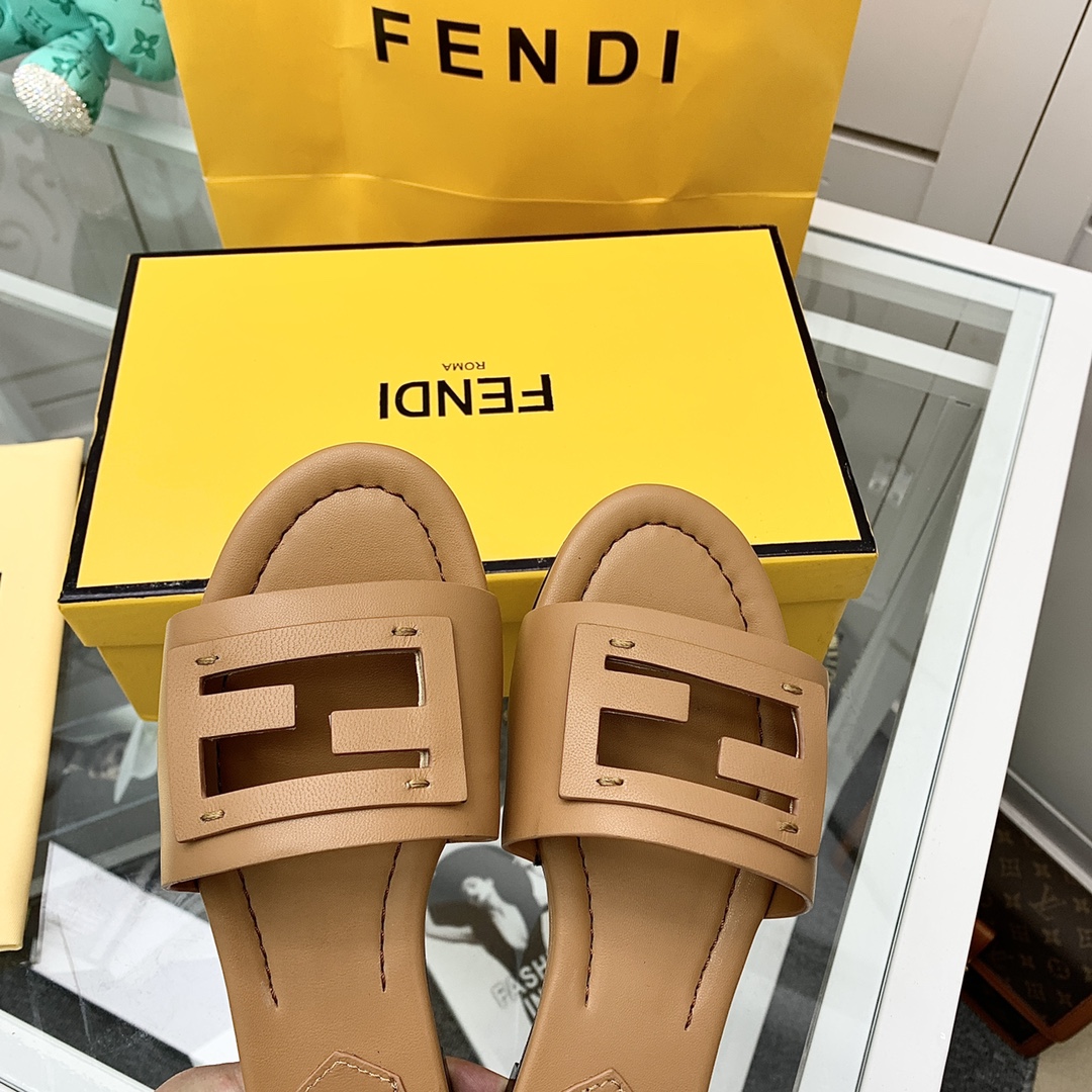 Fendi Signature Brown Leather Slides - DesignerGu