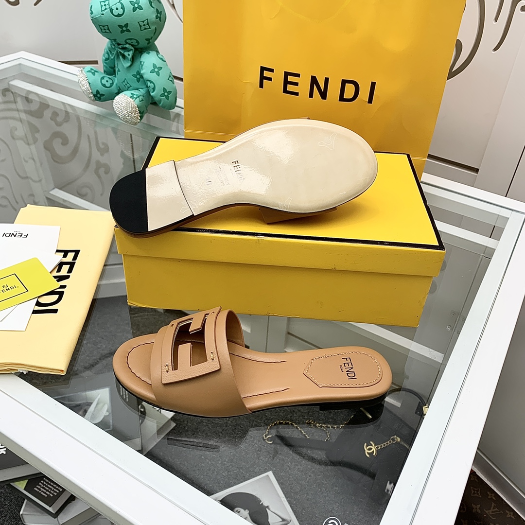 Fendi Signature Brown Leather Slides - DesignerGu