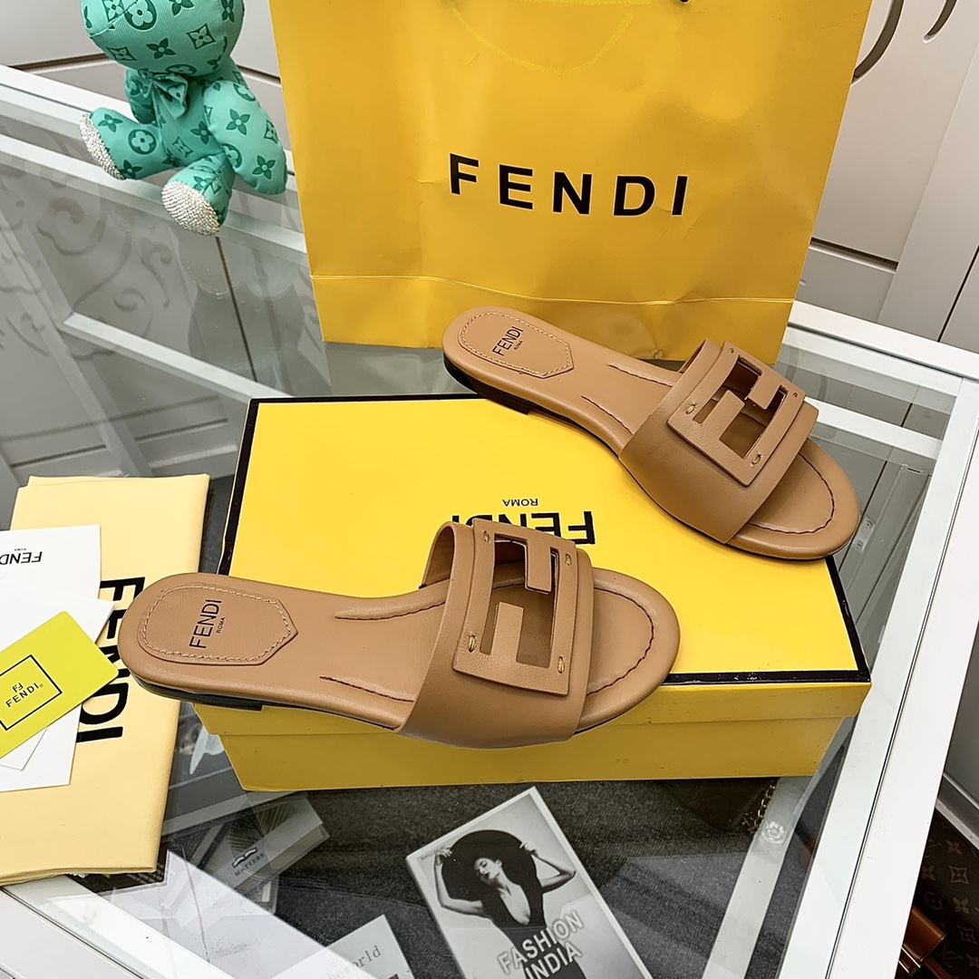 Fendi Signature Brown Leather Slides - DesignerGu