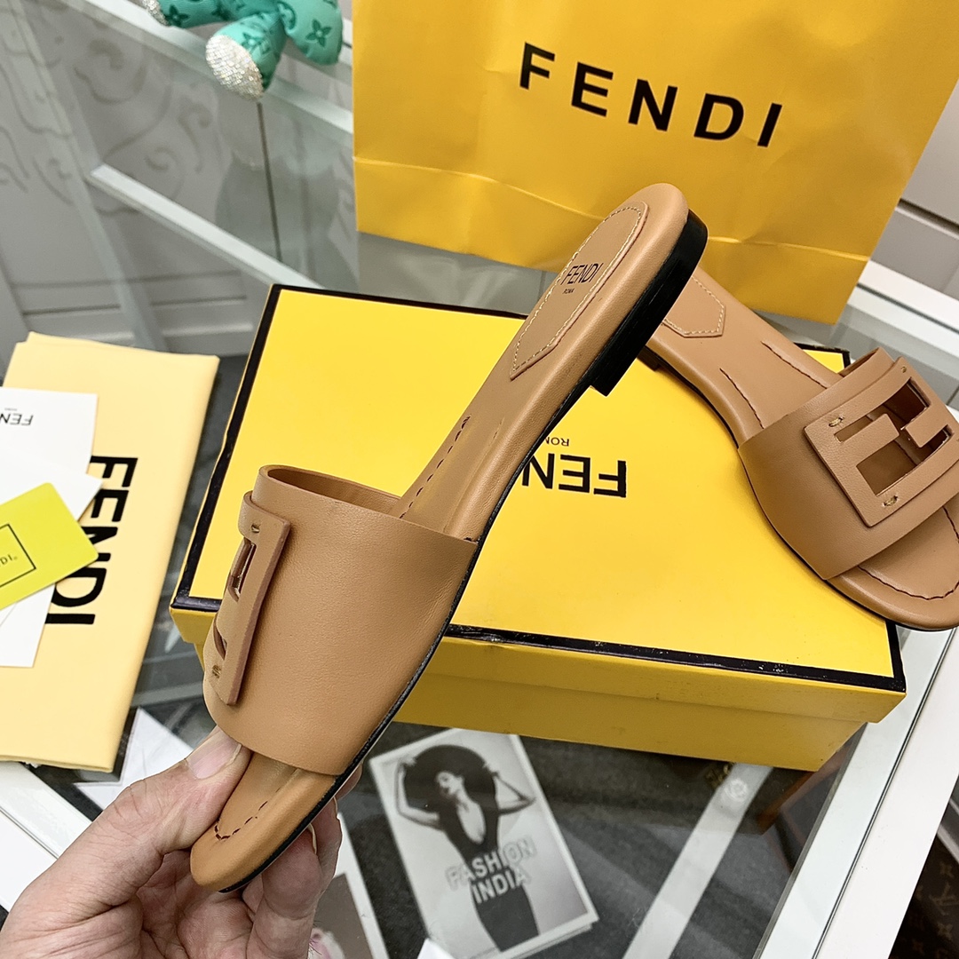 Fendi Signature Brown Leather Slides - DesignerGu