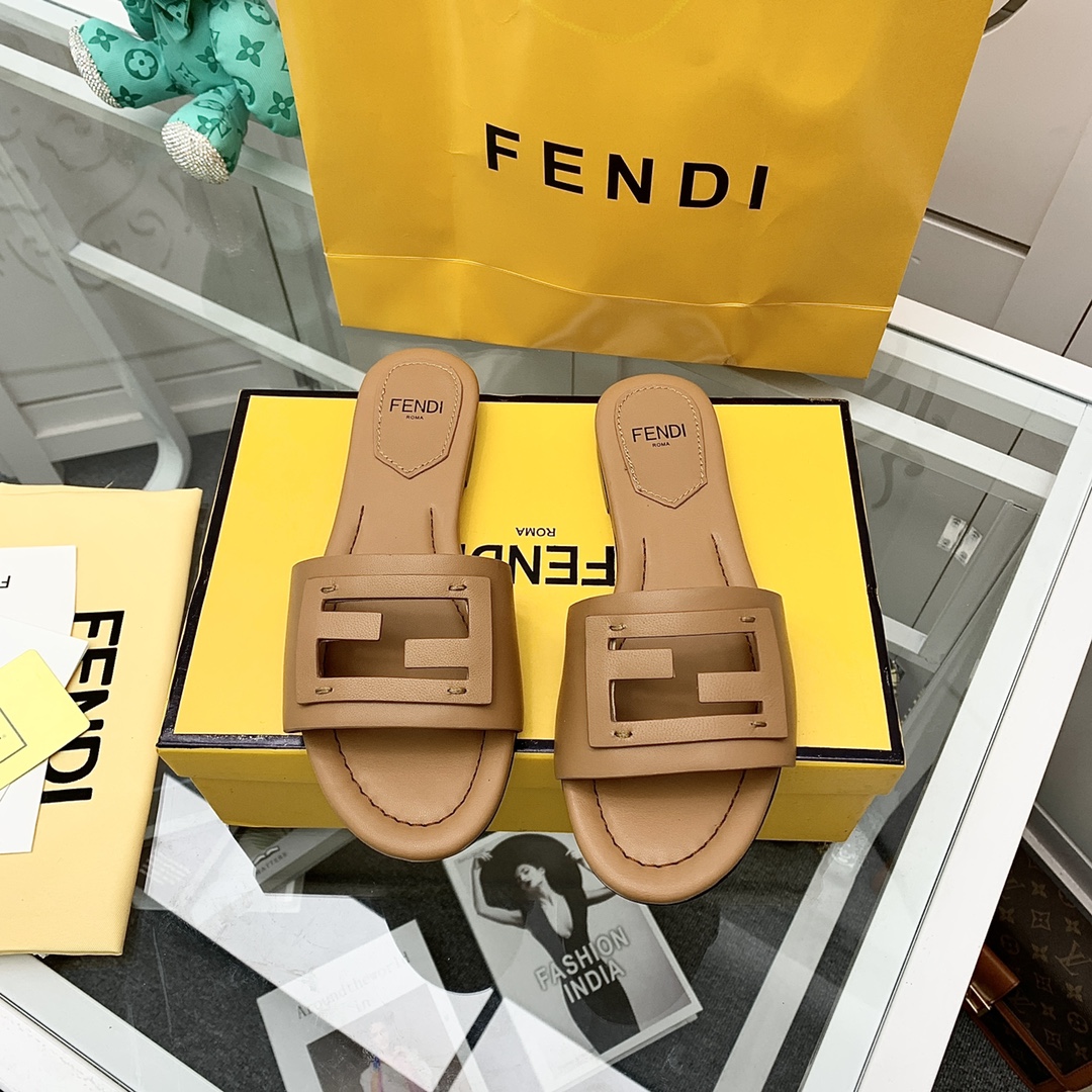 Fendi Signature Brown Leather Slides - DesignerGu