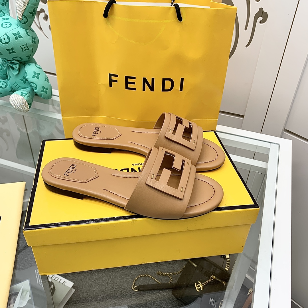 Fendi Signature Brown Leather Slides - DesignerGu