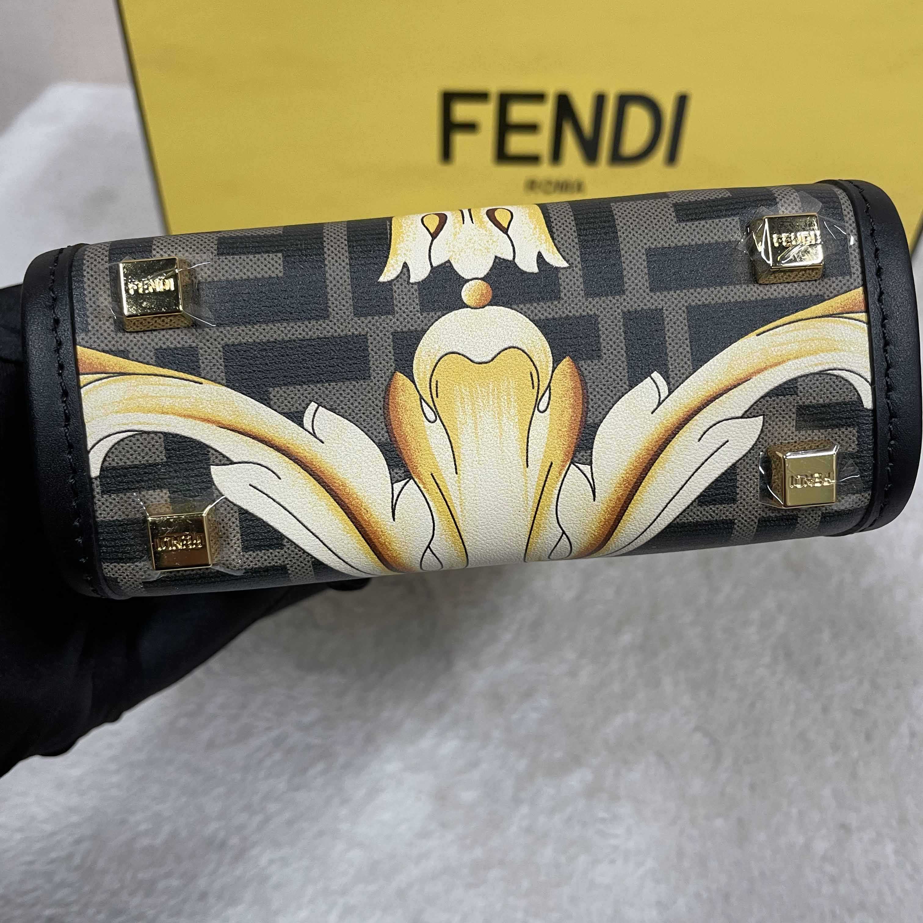 Versace x Fendi Mini Sunshine Shopper Fendace Printed White Leather Mini Bag(13-18-6.5cm) - DesignerGu