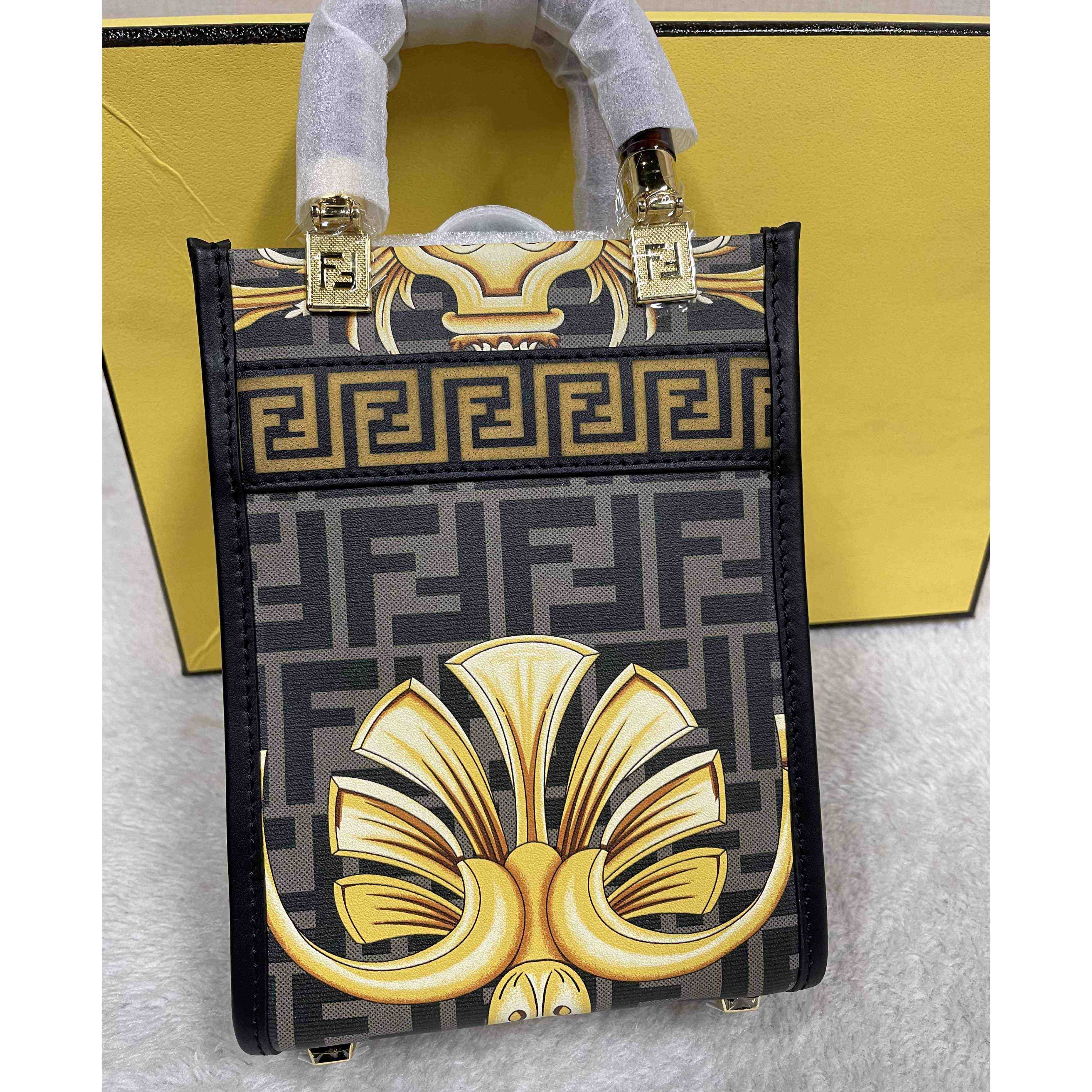 Versace x Fendi Mini Sunshine Shopper Fendace Printed White Leather Mini Bag(13-18-6.5cm) - DesignerGu