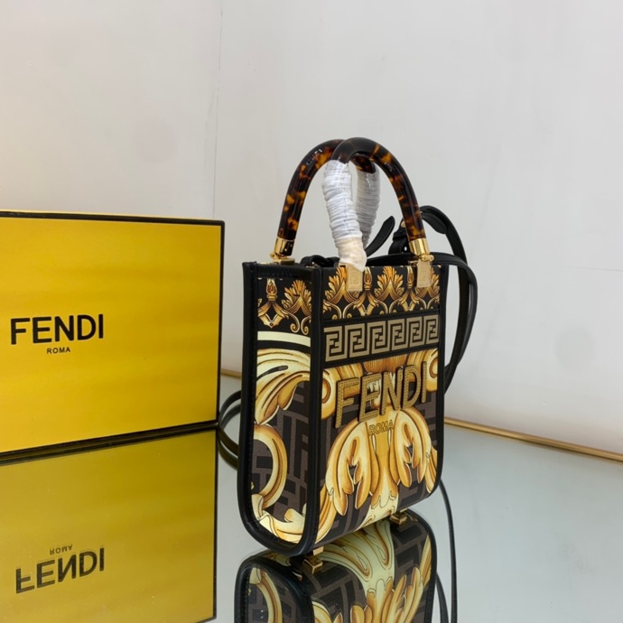 Versace x Fendi Mini Sunshine Shopper Fendace Printed White Leather Mini Bag(13-18-6.5cm) - DesignerGu