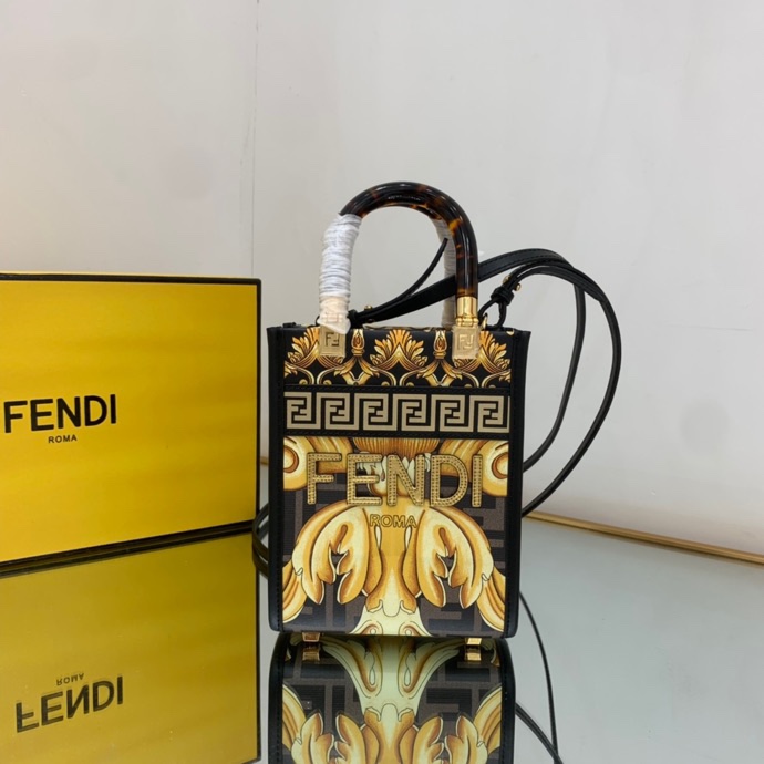 Versace x Fendi Mini Sunshine Shopper Fendace Printed White Leather Mini Bag(13-18-6.5cm) - DesignerGu