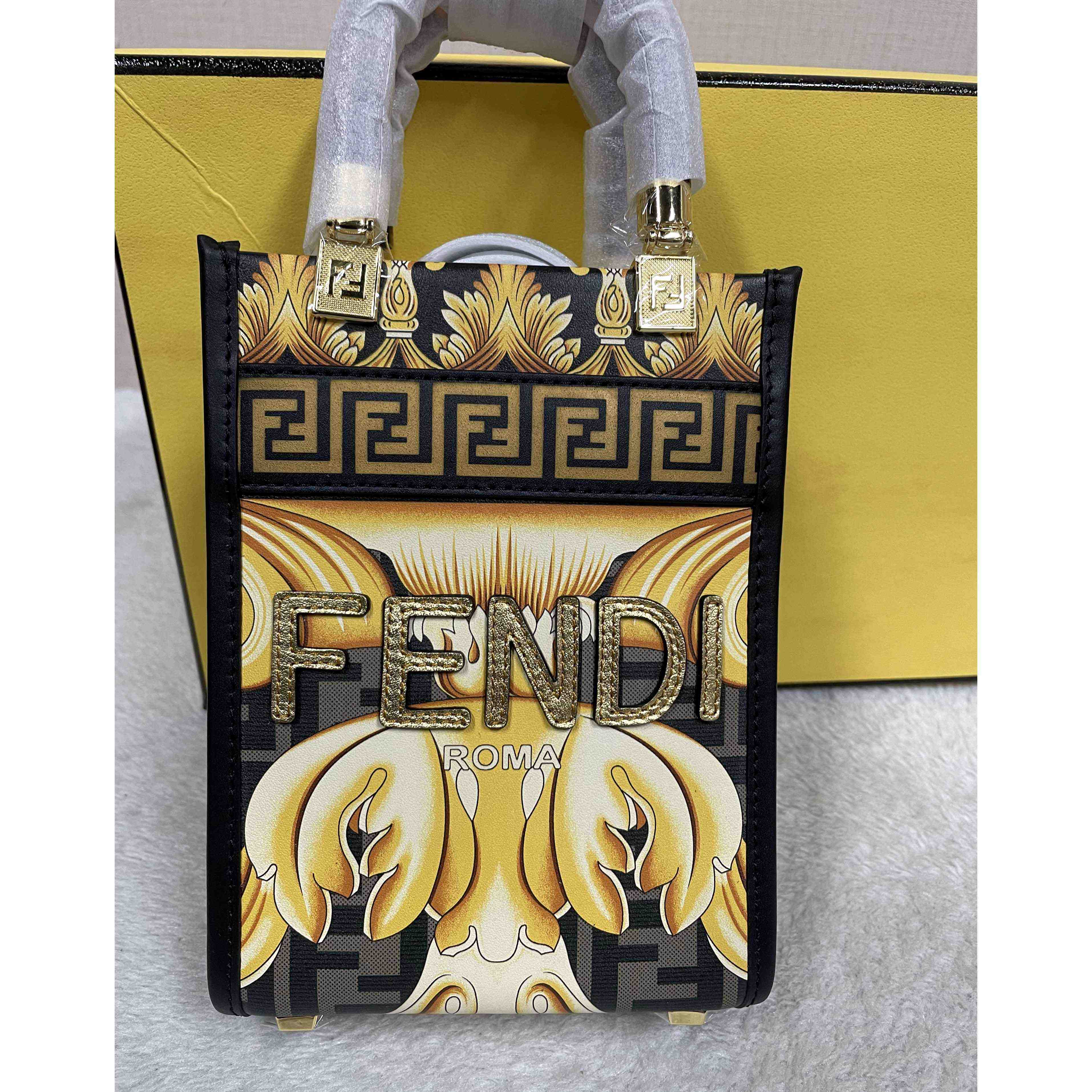 Versace x Fendi Mini Sunshine Shopper Fendace Printed White Leather Mini Bag(13-18-6.5cm) - DesignerGu