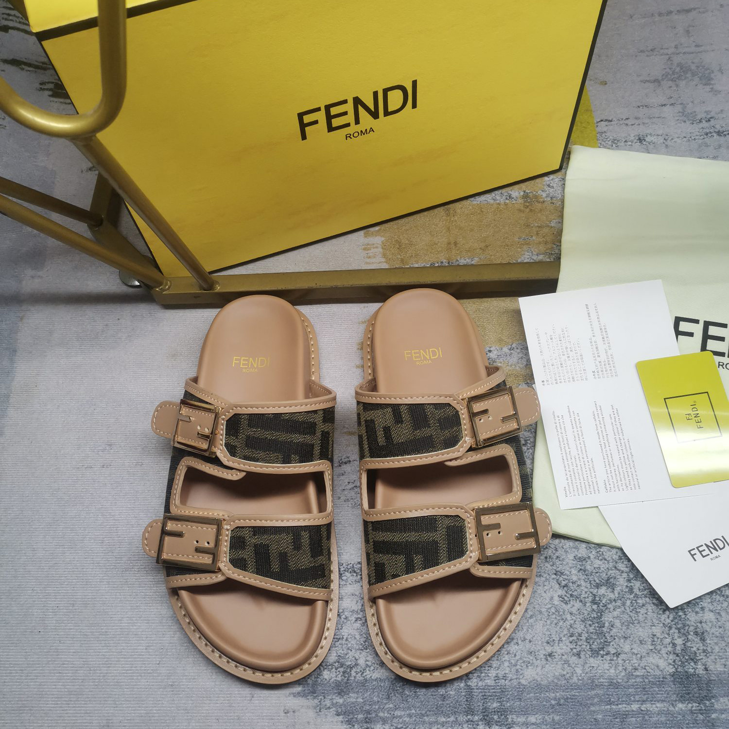 Fendi Feel Brown FF Fabric Slides - DesignerGu