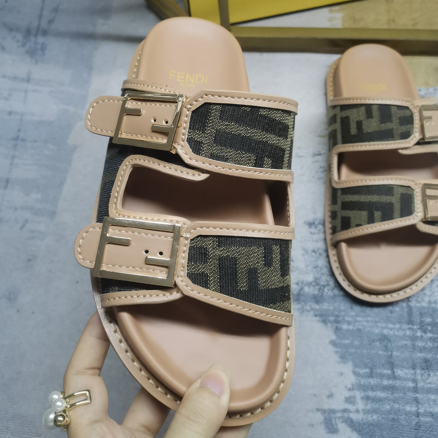 Fendi Feel Brown FF Fabric Slides - DesignerGu