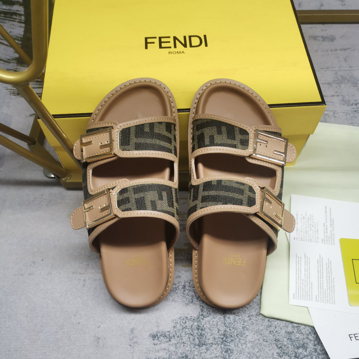 Fendi Feel Brown FF Fabric Slides - DesignerGu