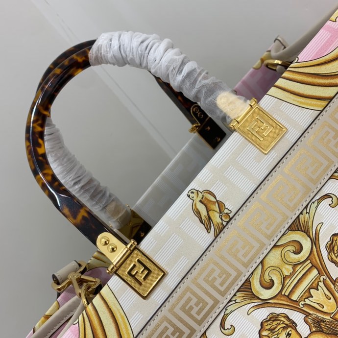 Versace x Fendi Sunshine Medium Fendace Printed White Leather Shopper(35-31-17cm) - DesignerGu