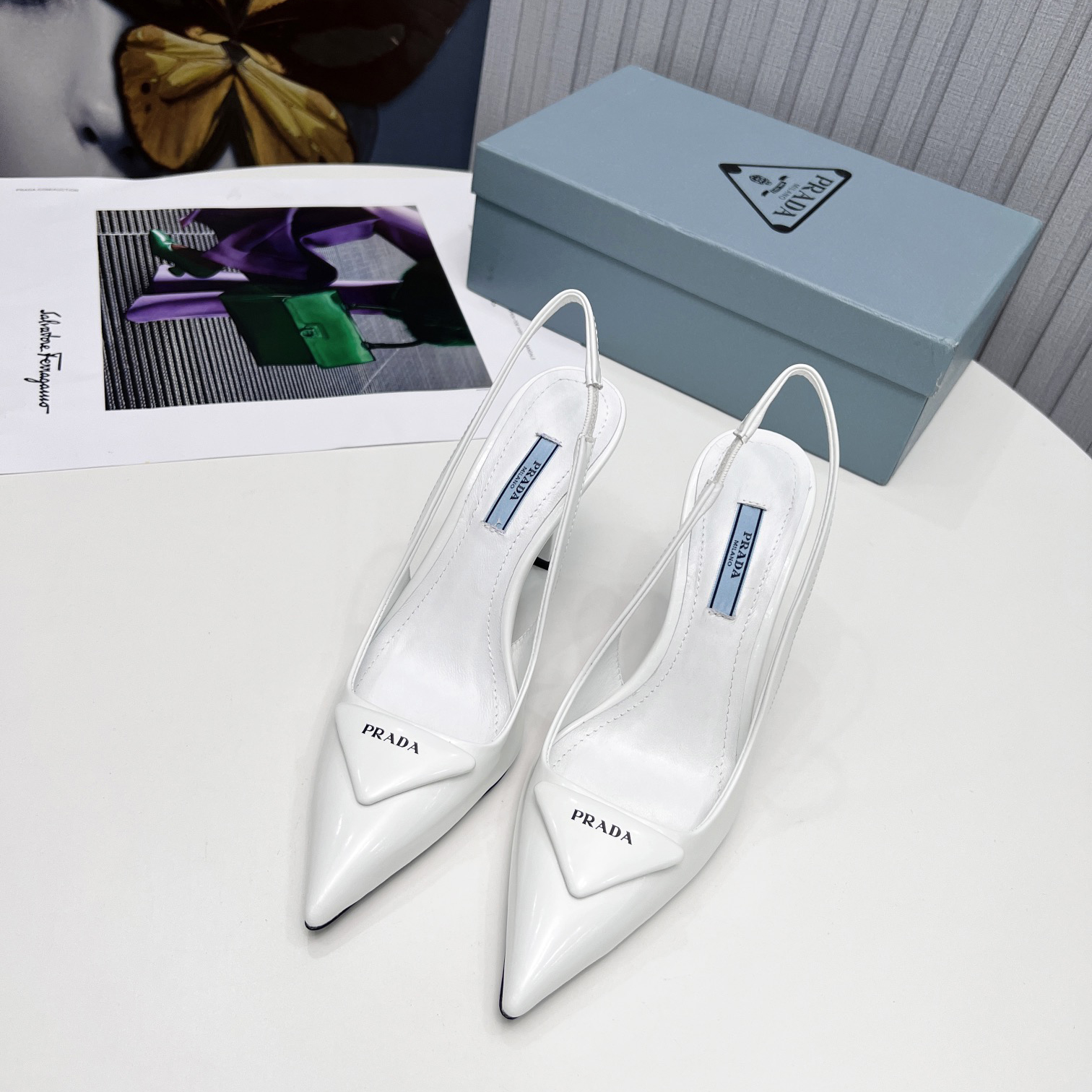 Prada Brushed Leather Slingback Pumps In White - DesignerGu