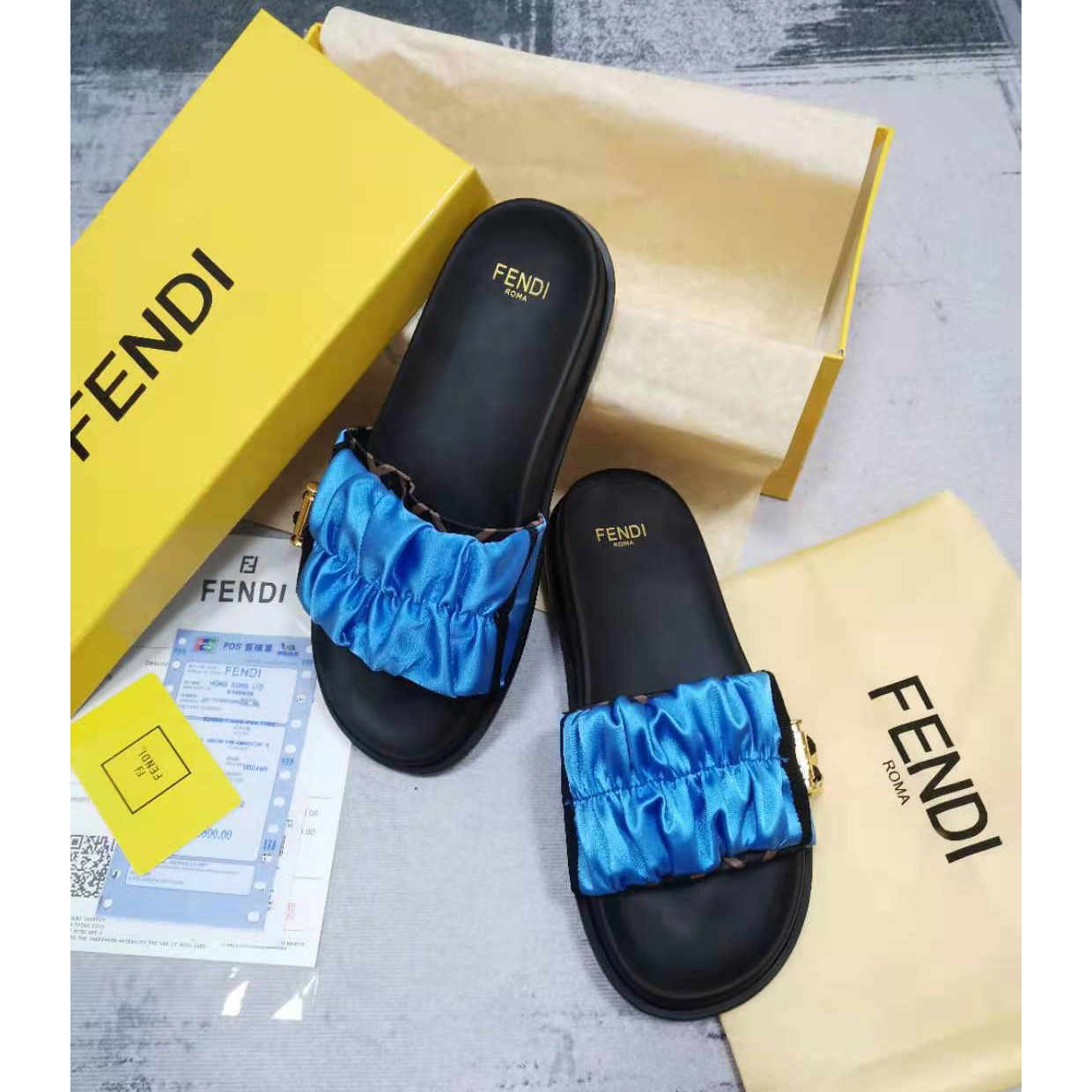 Fendi Fendi Feel Blue Satin Slides - DesignerGu