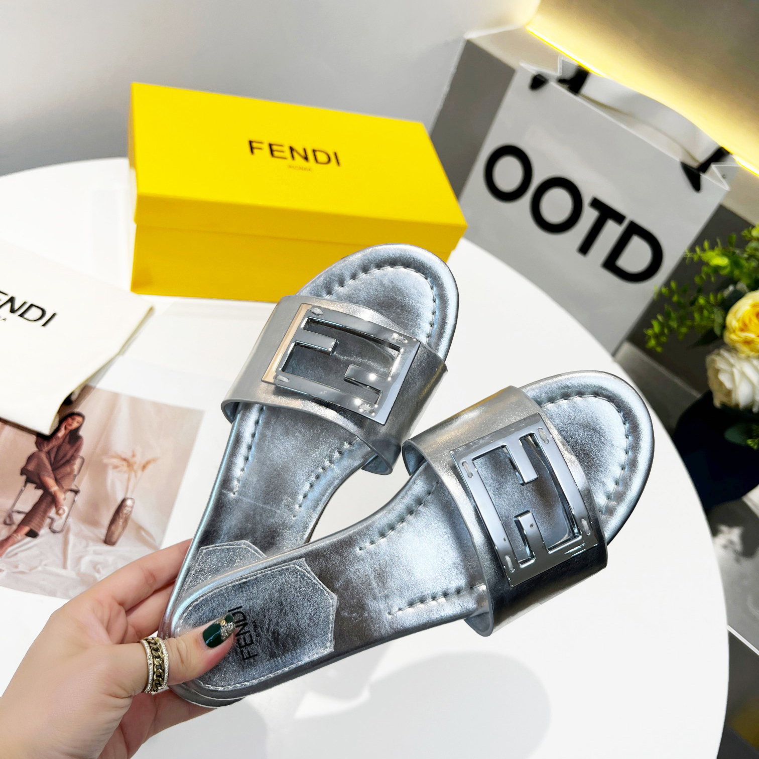 Fendi Baguette Silver Nappa Leather Slides - DesignerGu