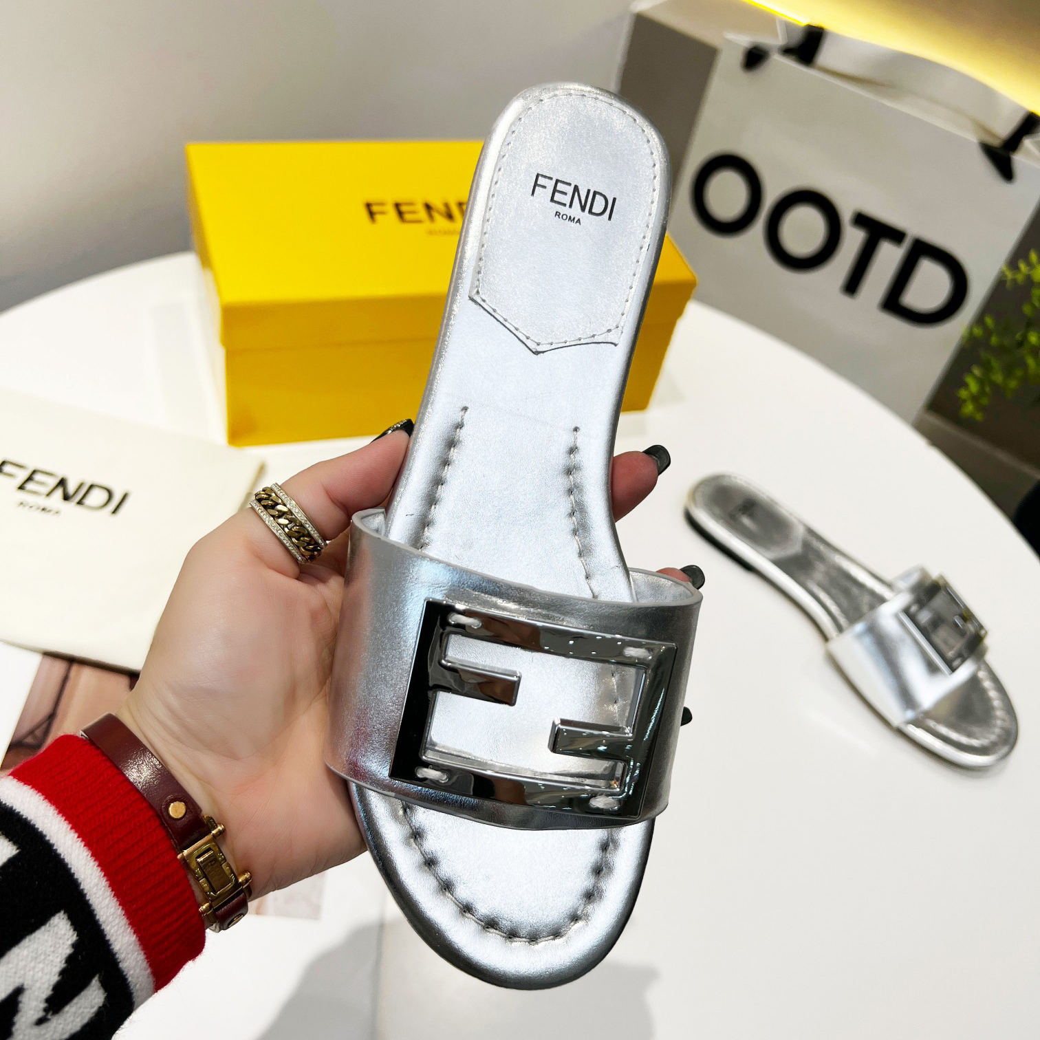 Fendi Baguette Silver Nappa Leather Slides - DesignerGu