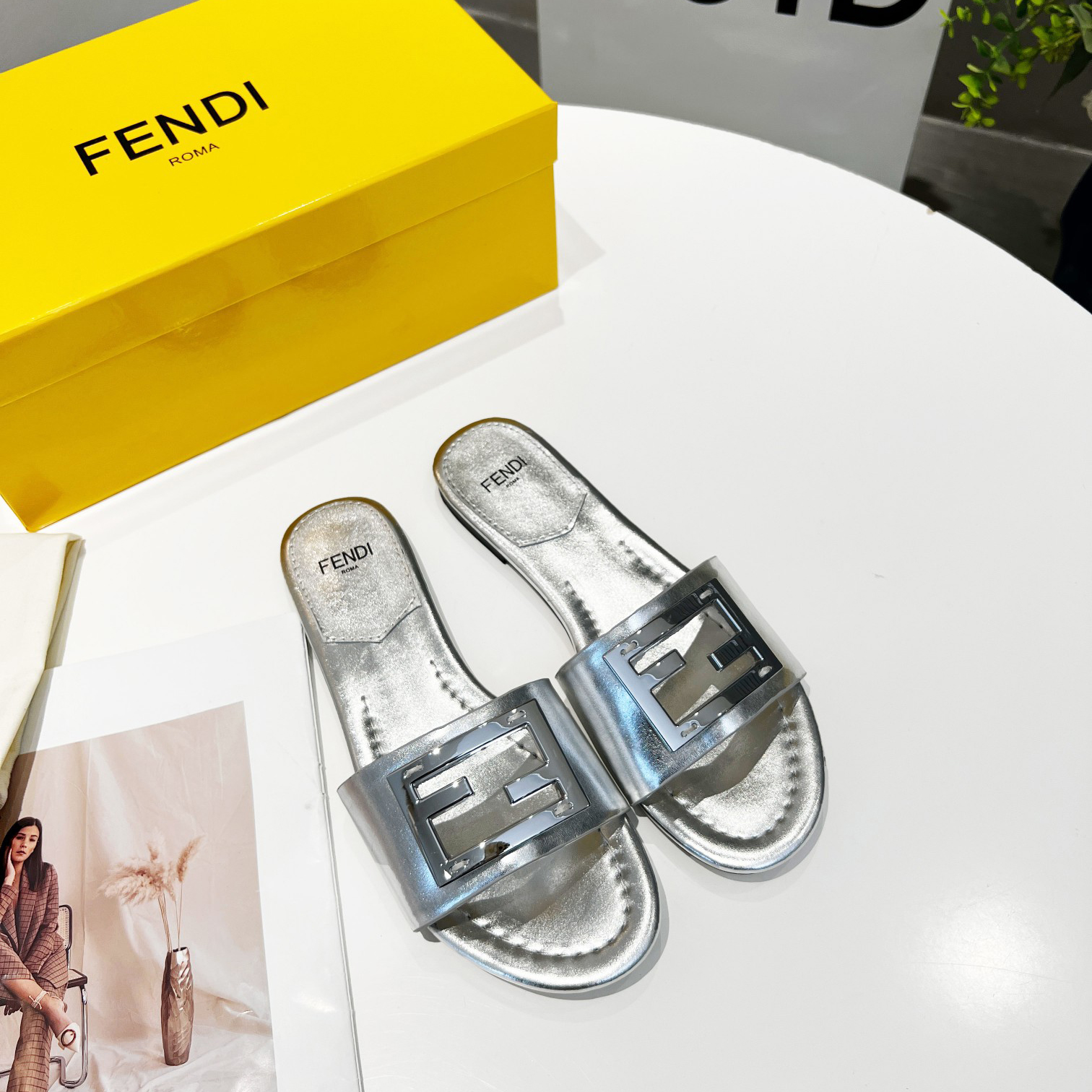 Fendi Baguette Silver Nappa Leather Slides - DesignerGu