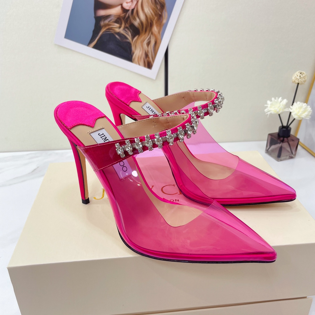 Jimmy Choo Bing 100 Hot Pink Neon Plexi Mules With Pink Crystal Strap - DesignerGu