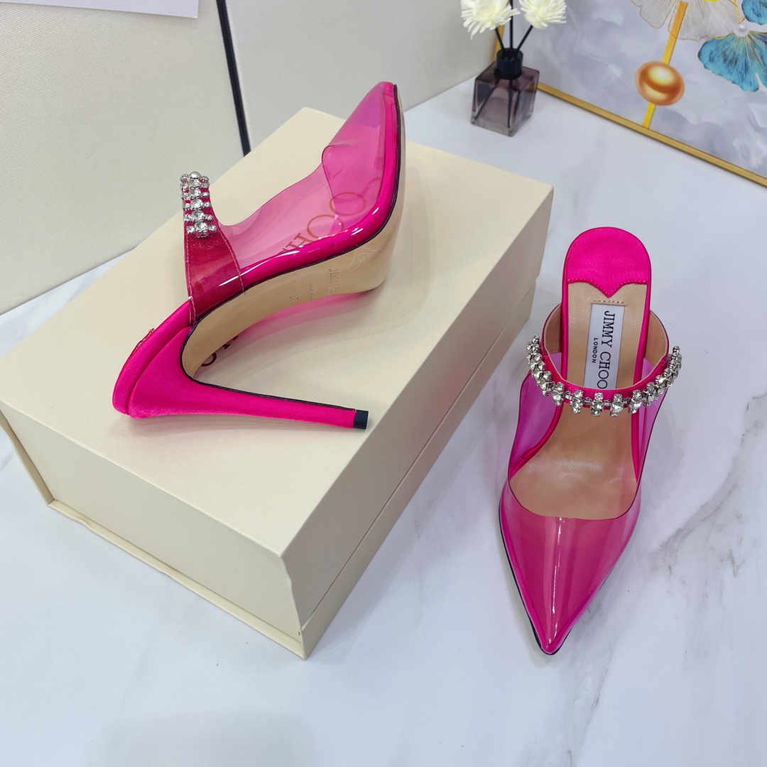 Jimmy Choo Bing 100 Hot Pink Neon Plexi Mules With Pink Crystal Strap - DesignerGu