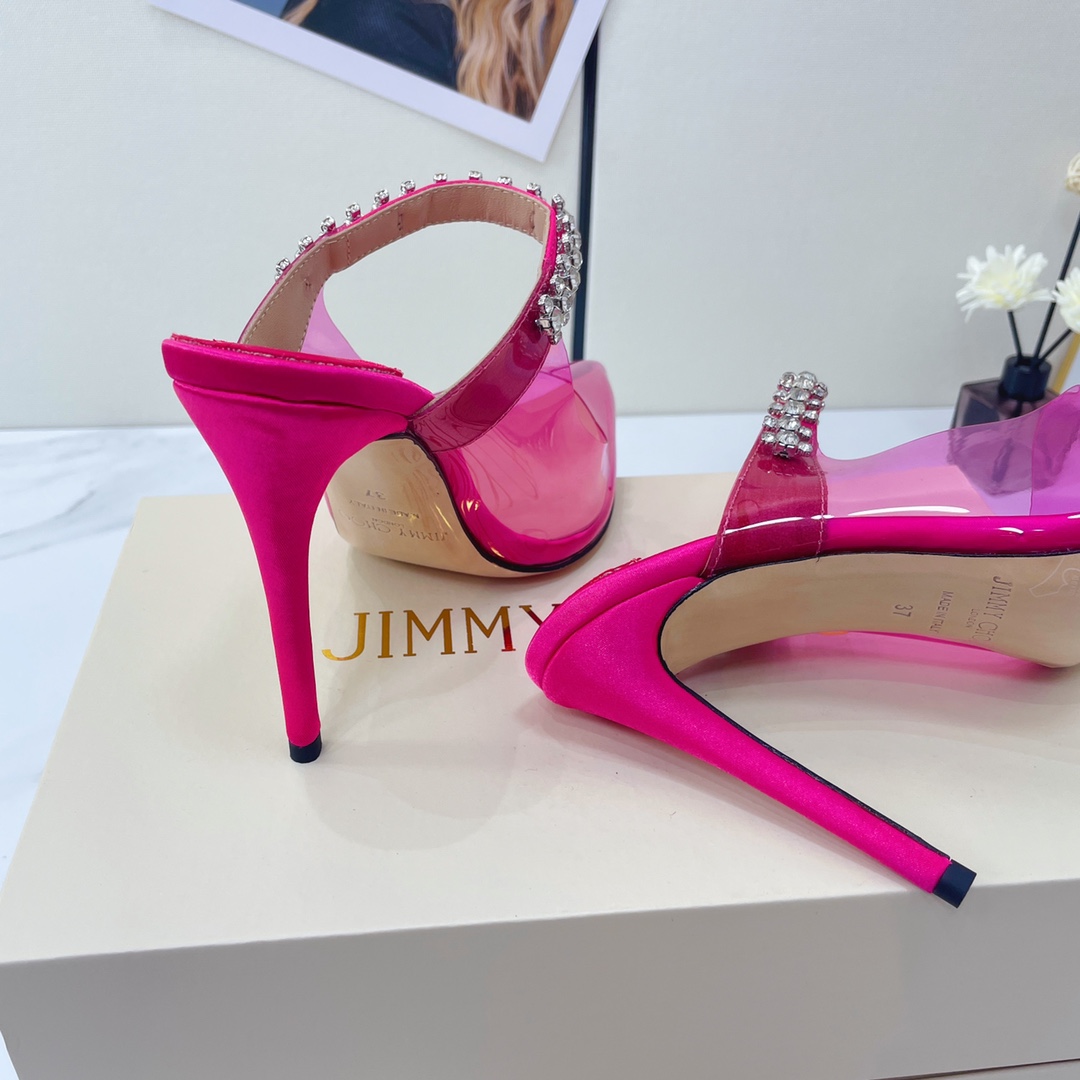 Jimmy Choo Bing 100 Hot Pink Neon Plexi Mules With Pink Crystal Strap - DesignerGu