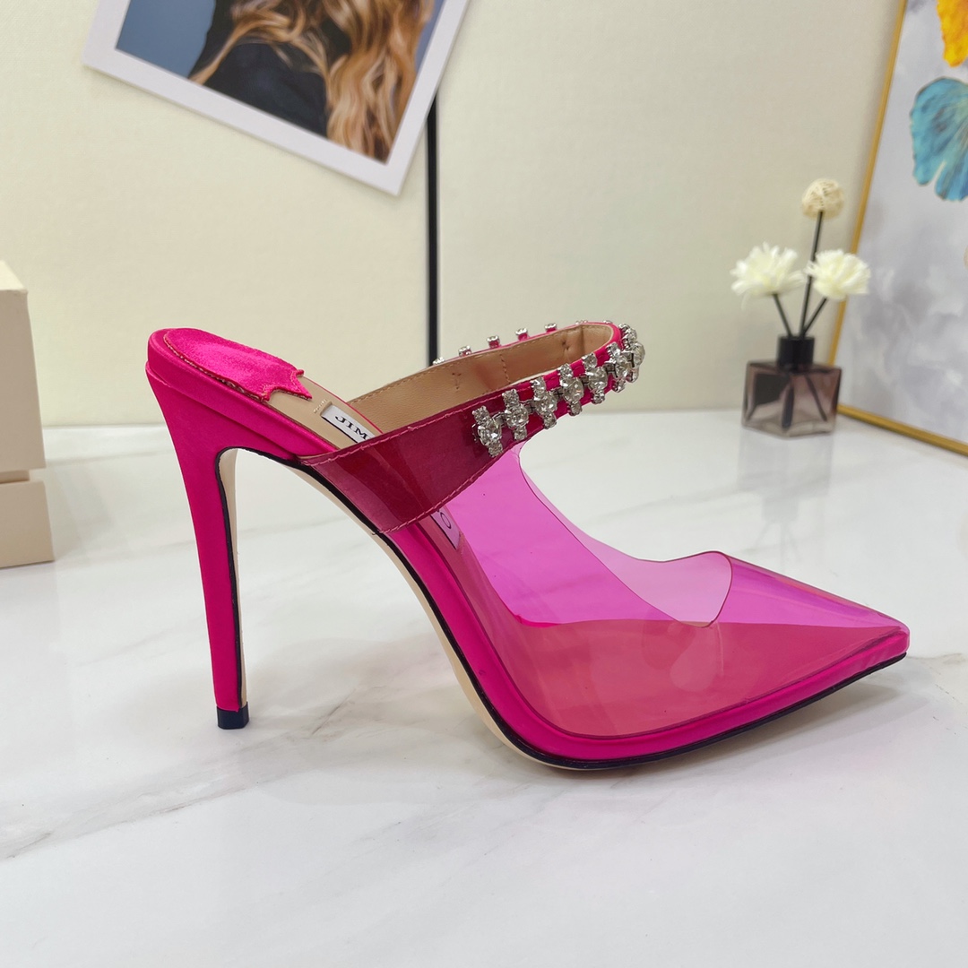 Jimmy Choo Bing 100 Hot Pink Neon Plexi Mules With Pink Crystal Strap - DesignerGu