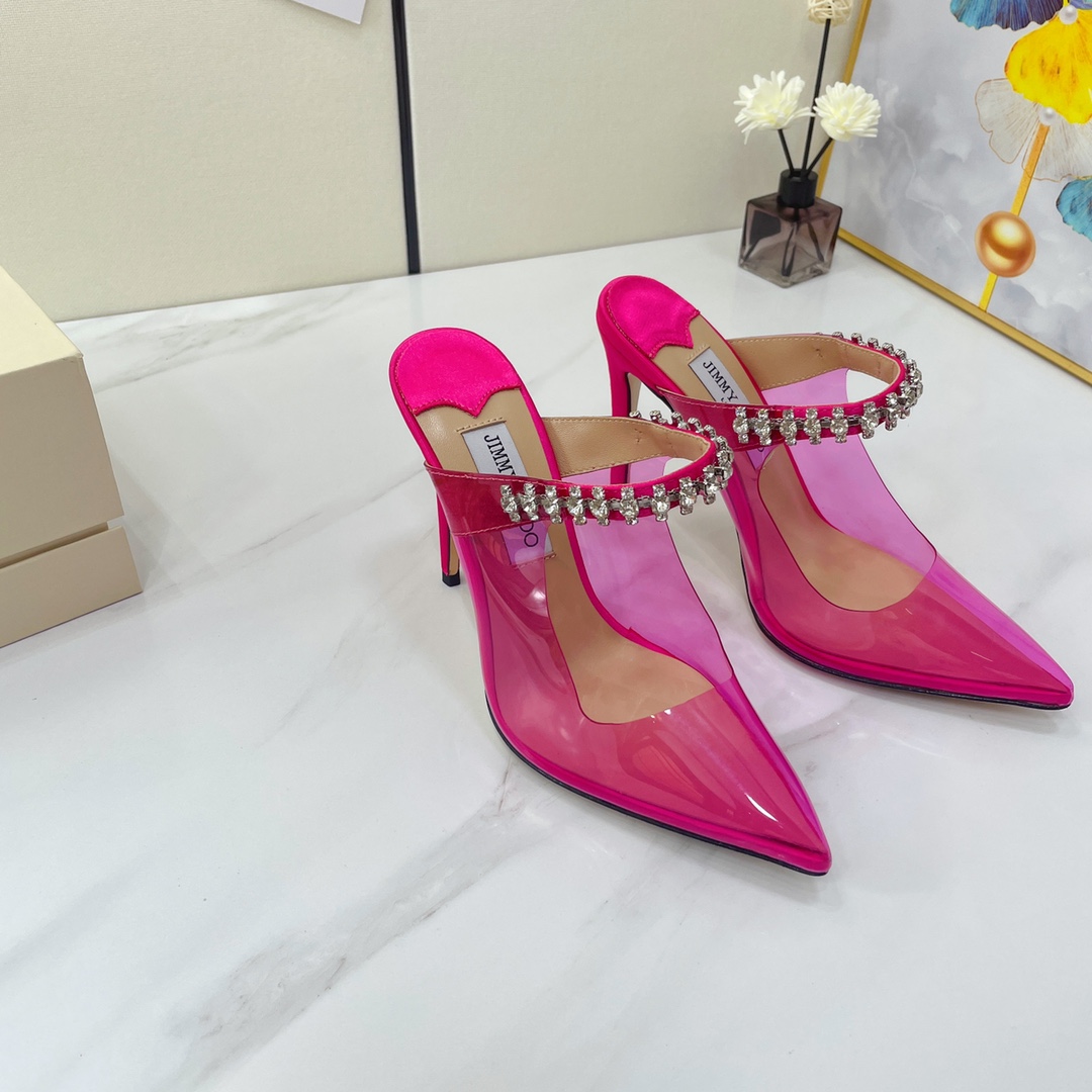 Jimmy Choo Bing 100 Hot Pink Neon Plexi Mules With Pink Crystal Strap - DesignerGu