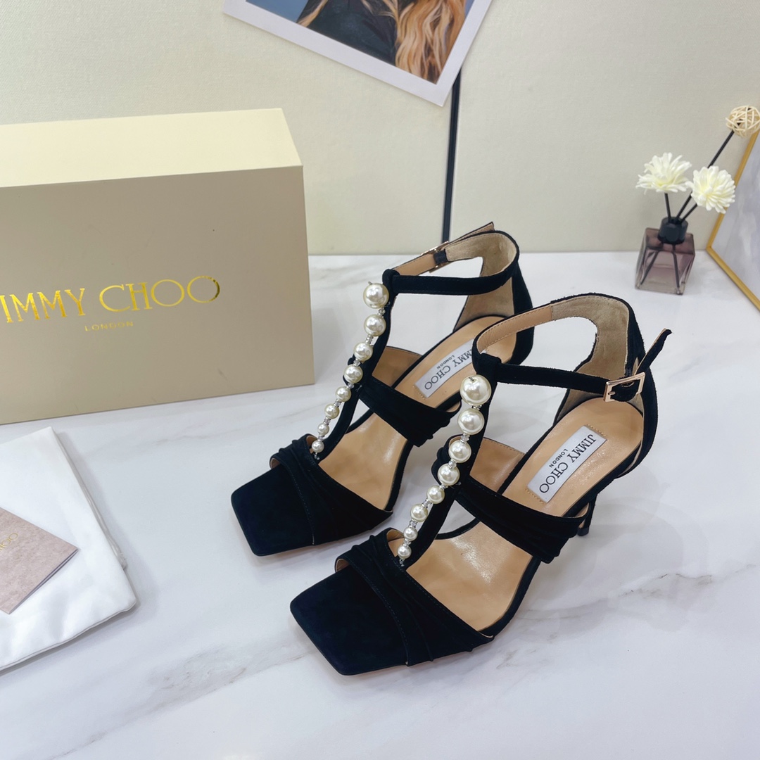 Jimmy Choo Black Suede Sandals With Pearls And Crystals - DesignerGu