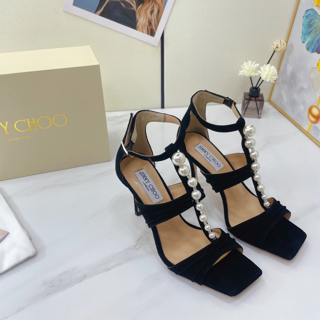 Jimmy Choo Black Suede Sandals With Pearls And Crystals - DesignerGu