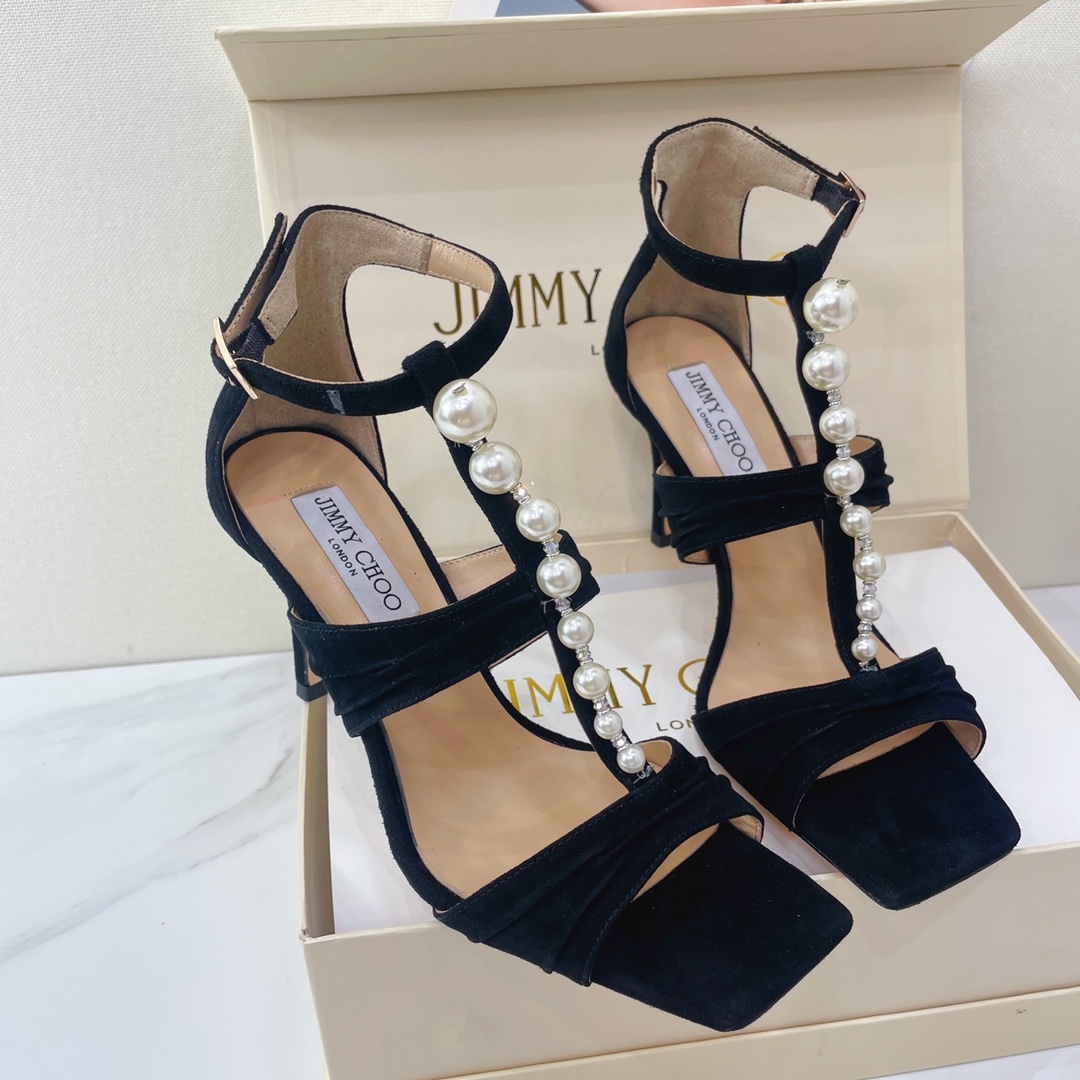 Jimmy Choo Black Suede Sandals With Pearls And Crystals - DesignerGu