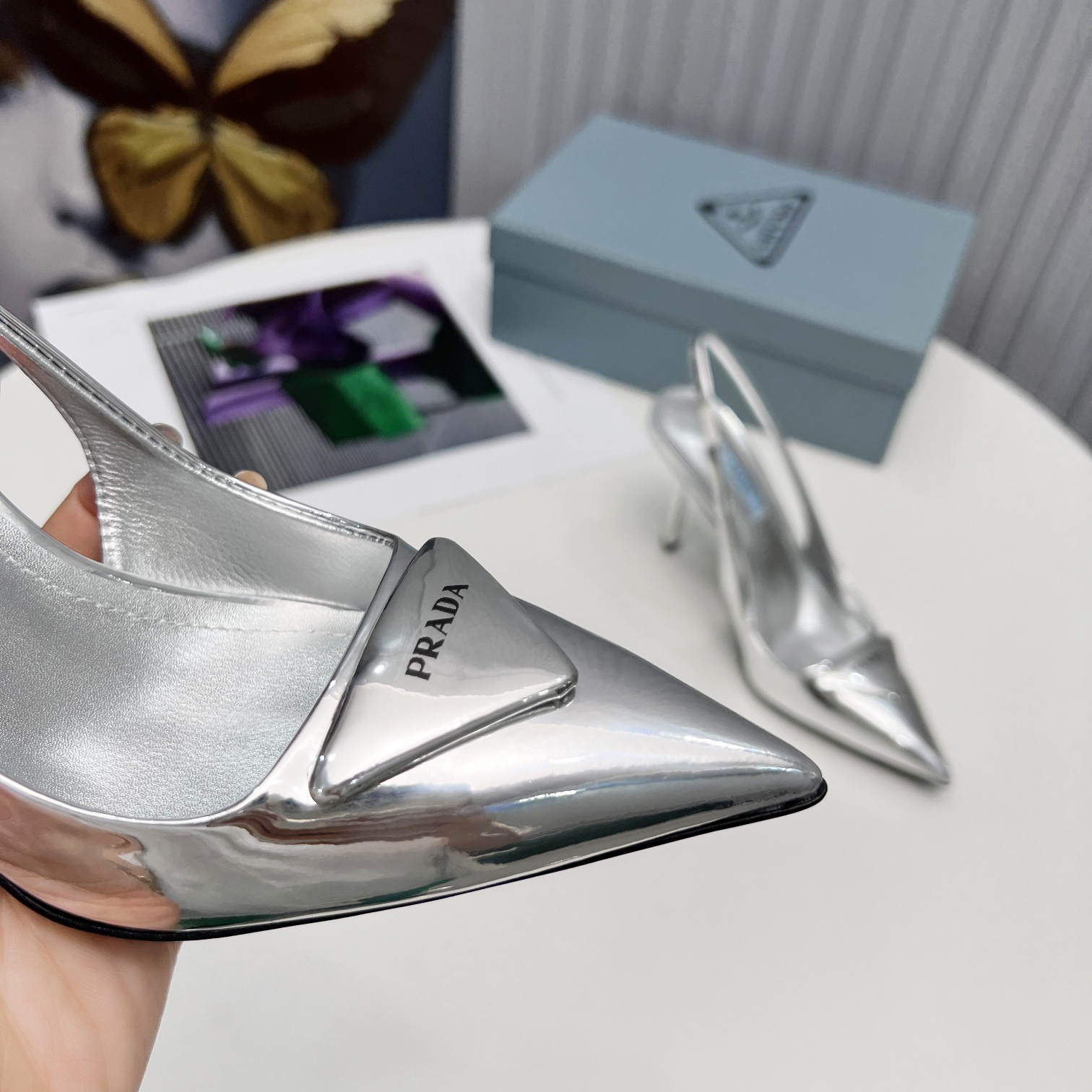 Prada Brushed Leather Slingback Pumps In Sliver - DesignerGu