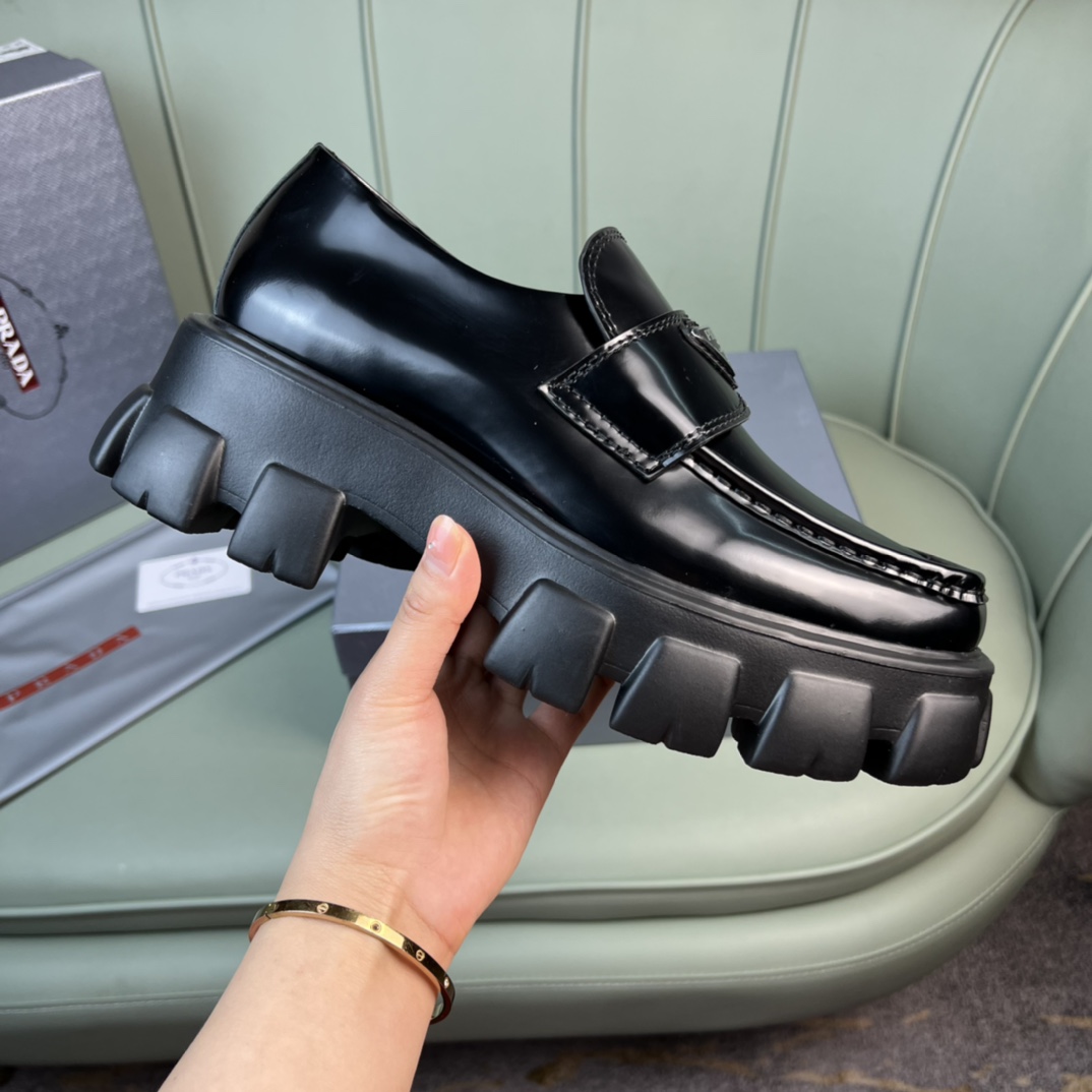 Prada Monolith Brushed Leather Loafers - DesignerGu