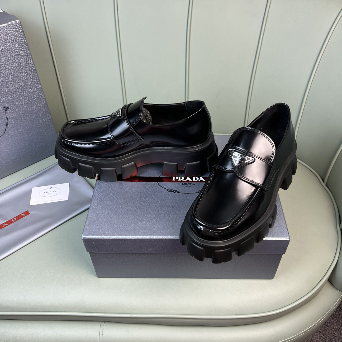 Prada Monolith Brushed Leather Loafers - DesignerGu