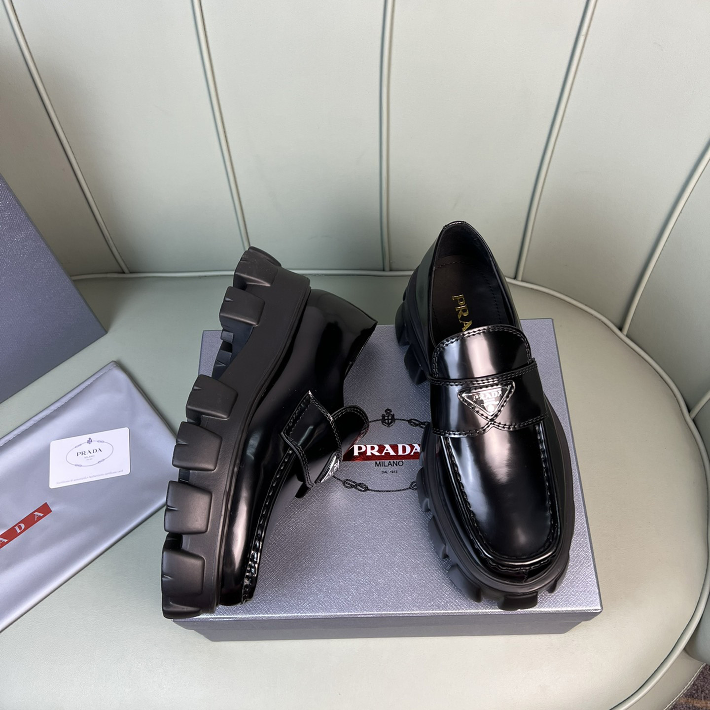 Prada Monolith Brushed Leather Loafers - DesignerGu