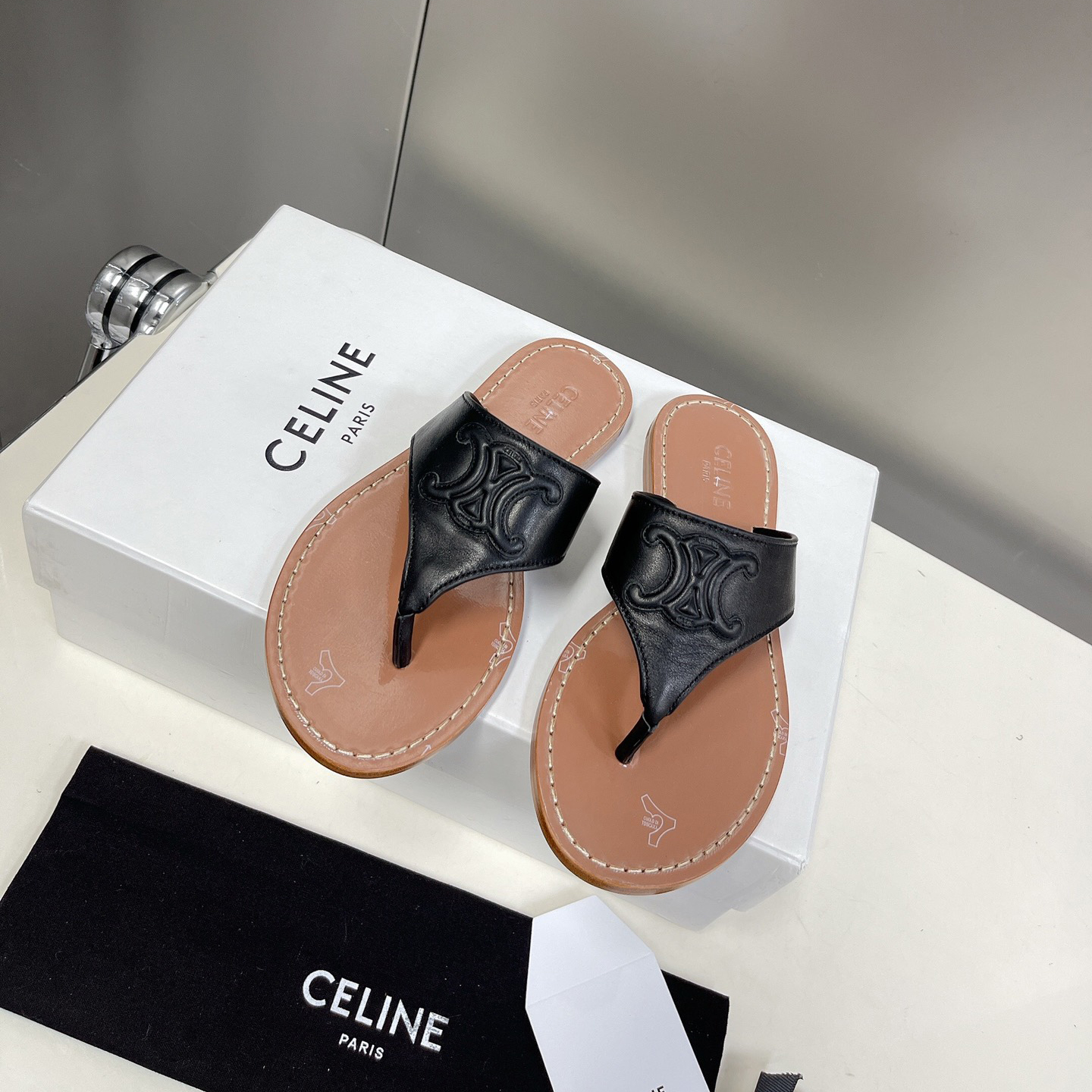 Celine Triomphe Flat Thong In Calfskin Black - DesignerGu