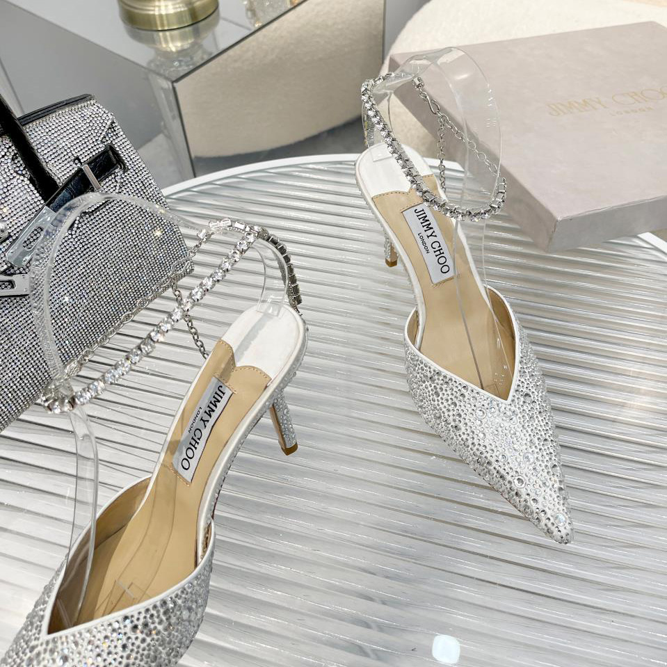 Jimmy Choo Saeda 100 Lvory Satin Pumps With Crystal Embellishment - DesignerGu