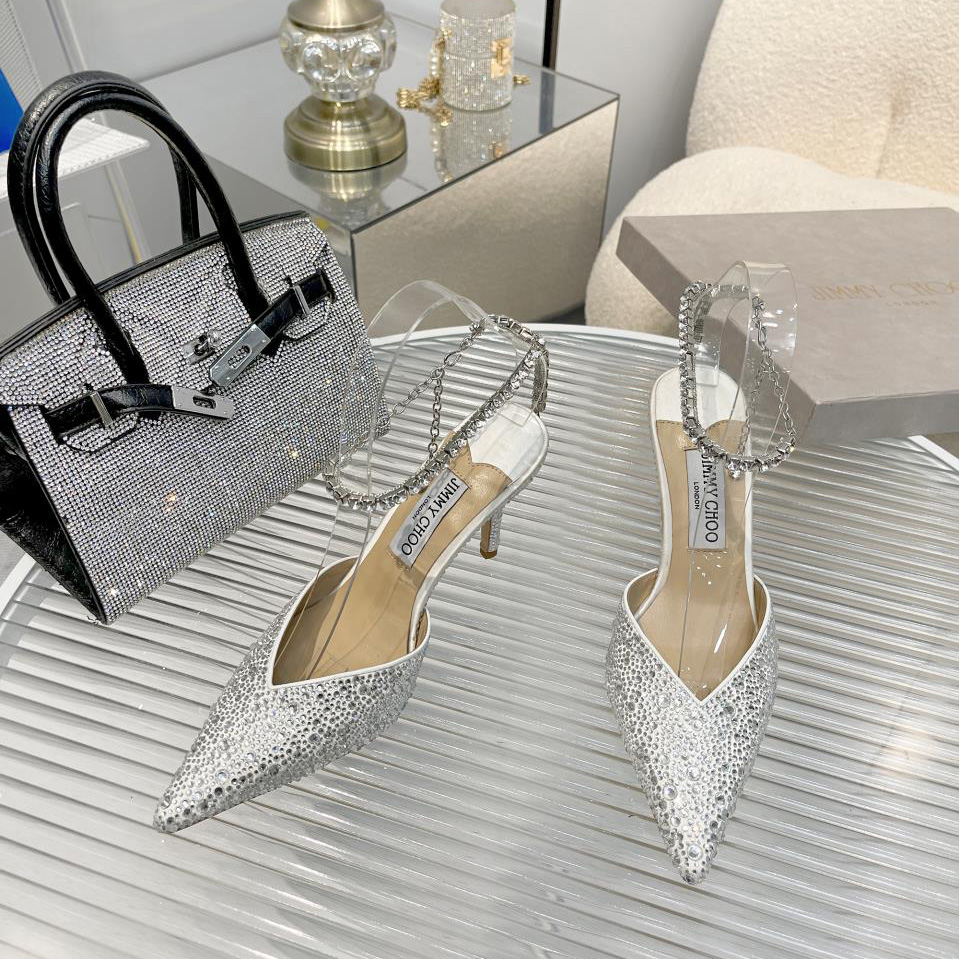 Jimmy Choo Saeda 100 Lvory Satin Pumps With Crystal Embellishment - DesignerGu