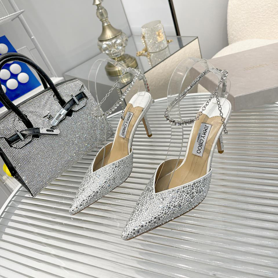 Jimmy Choo Saeda 100 Lvory Satin Pumps With Crystal Embellishment - DesignerGu