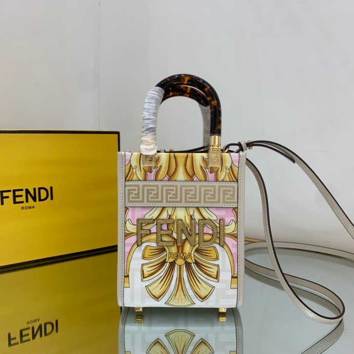 Versace x Fendi Mini Sunshine Shopper Fendace Printed White Leather Mini Bag(13-18-6.5cm) - DesignerGu