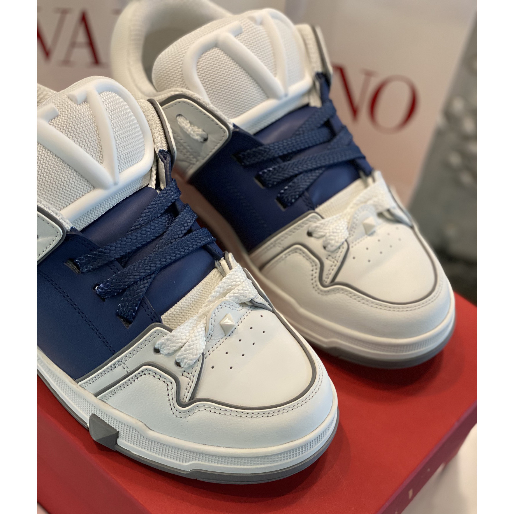 Valenti Open Skate Calfskin And Fabric Sneaker In White/Blue - DesignerGu