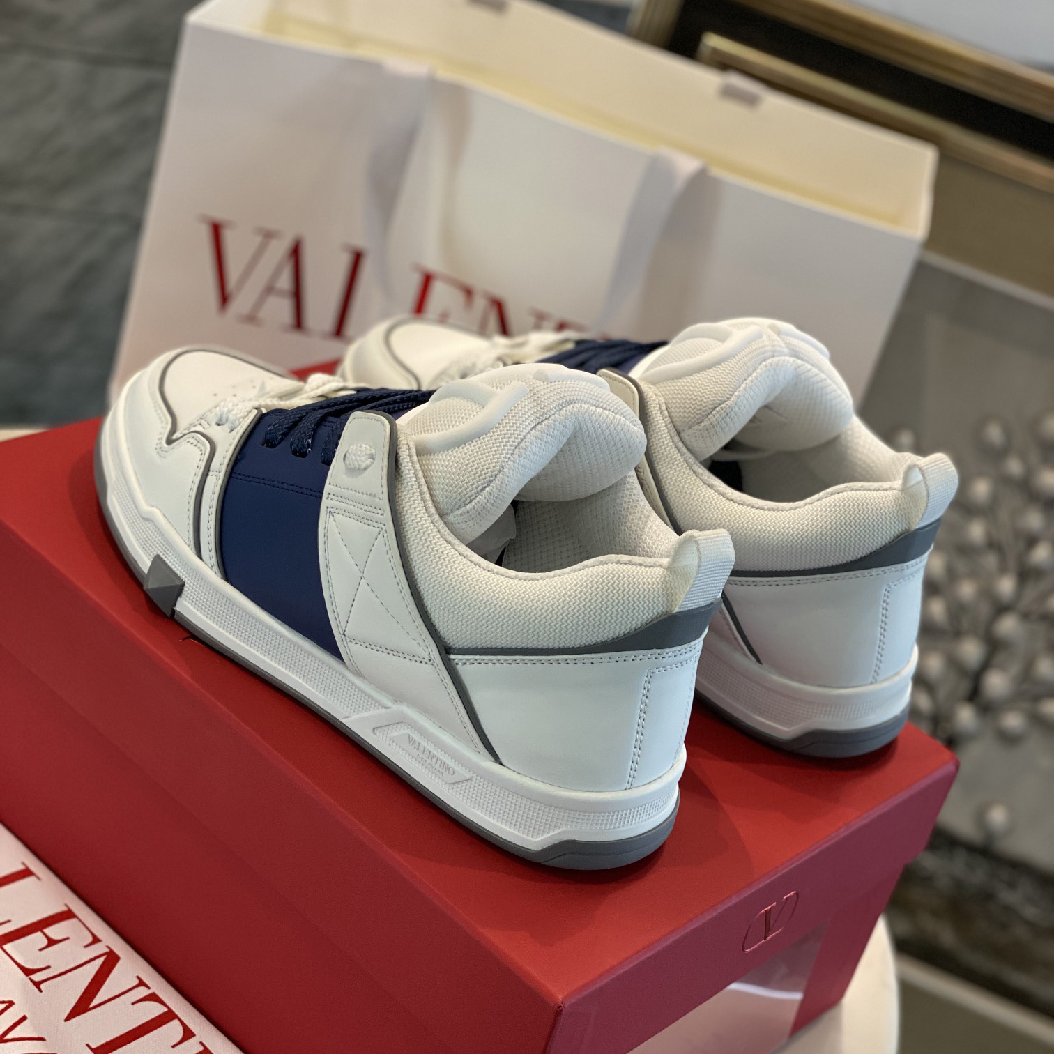 Valenti Open Skate Calfskin And Fabric Sneaker In White/Blue - DesignerGu