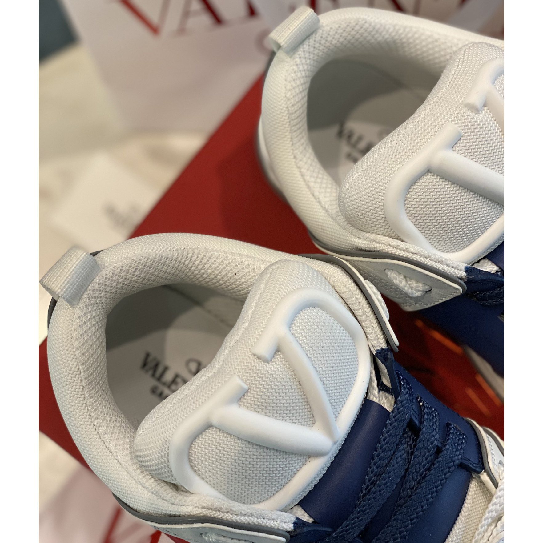 Valenti Open Skate Calfskin And Fabric Sneaker In White/Blue - DesignerGu